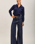 Toxik3 jean stretch wide nervuré à ceinture bleu brut
