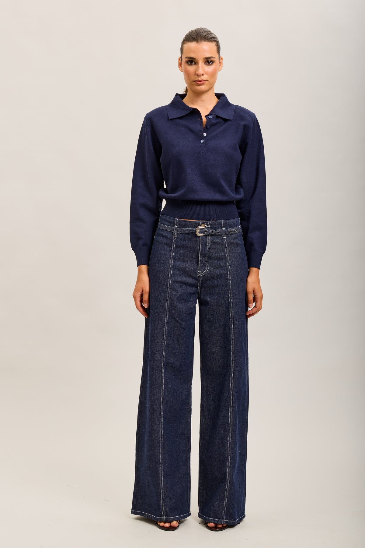 Toxik3 jean stretch wide nervuré à ceinture bleu brut