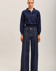 Toxik3 jean stretch wide nervuré à ceinture bleu brut