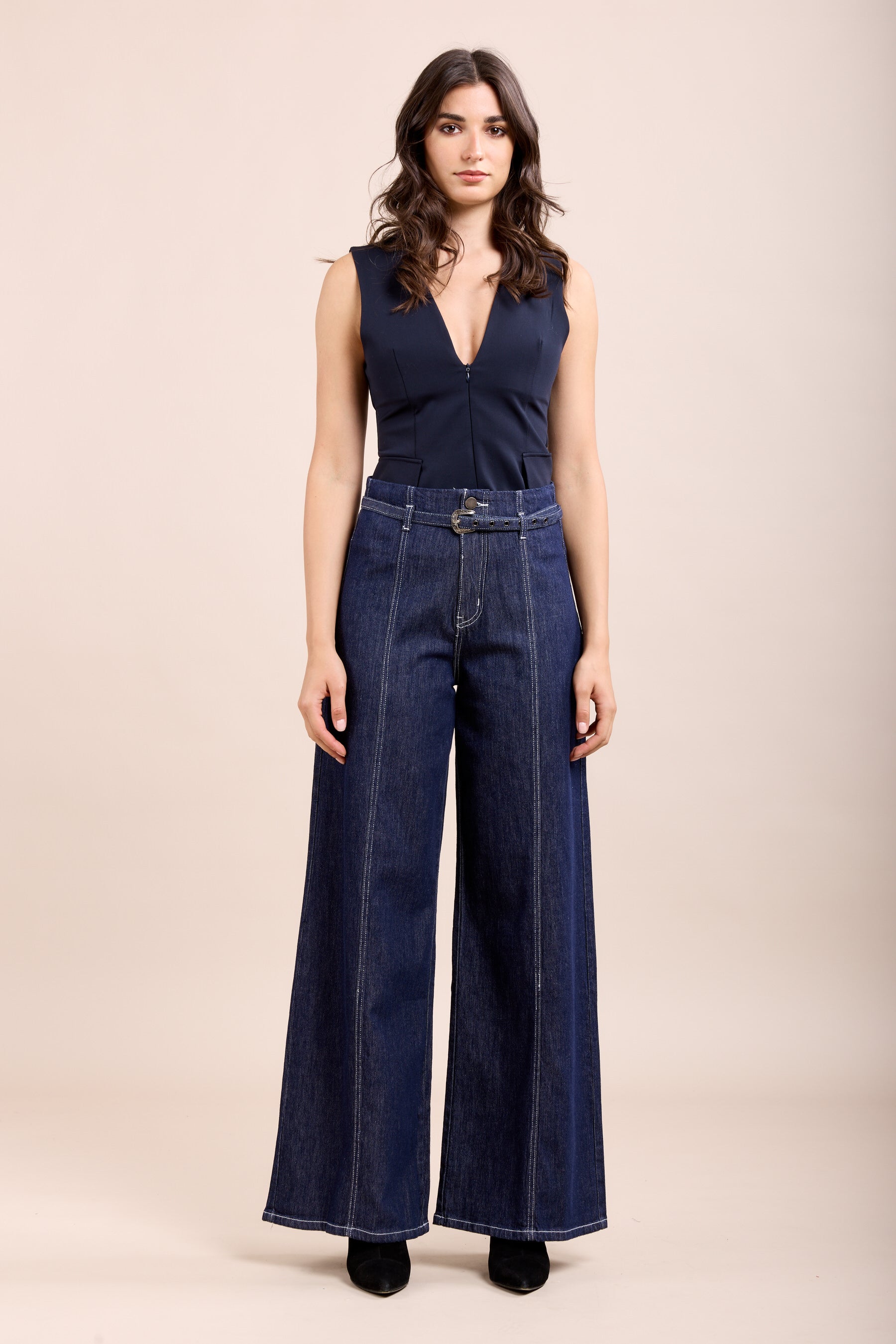 Toxik3 jean stretch wide nervuré à ceinture bleu brut