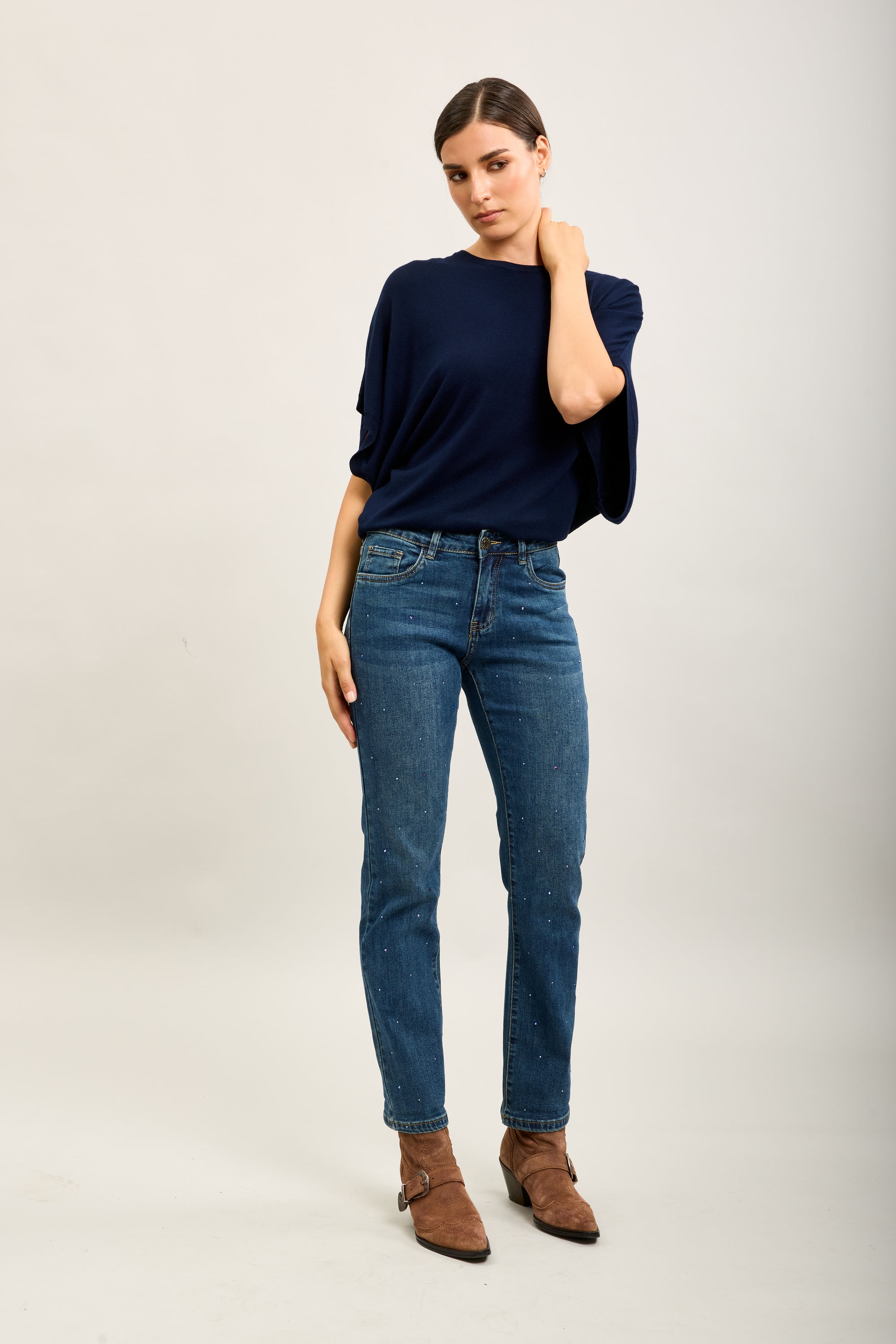 Toxik3 jean droit denim stretch strass