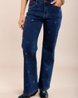 Toxk3 pantalon jean bootcut taille haute motifs poker strass