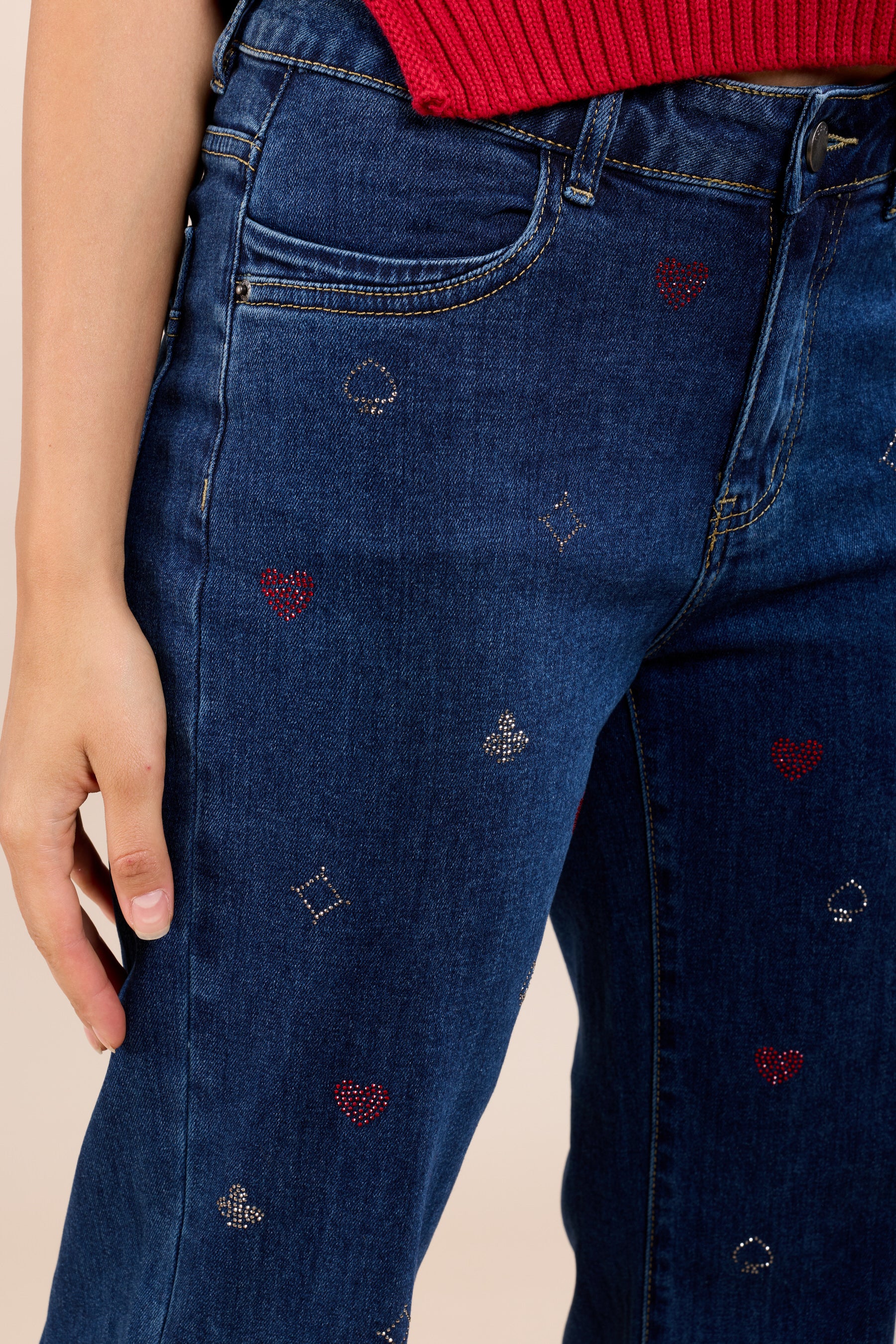 Toxk3 pantalon jean bootcut taille haute motifs poker strass