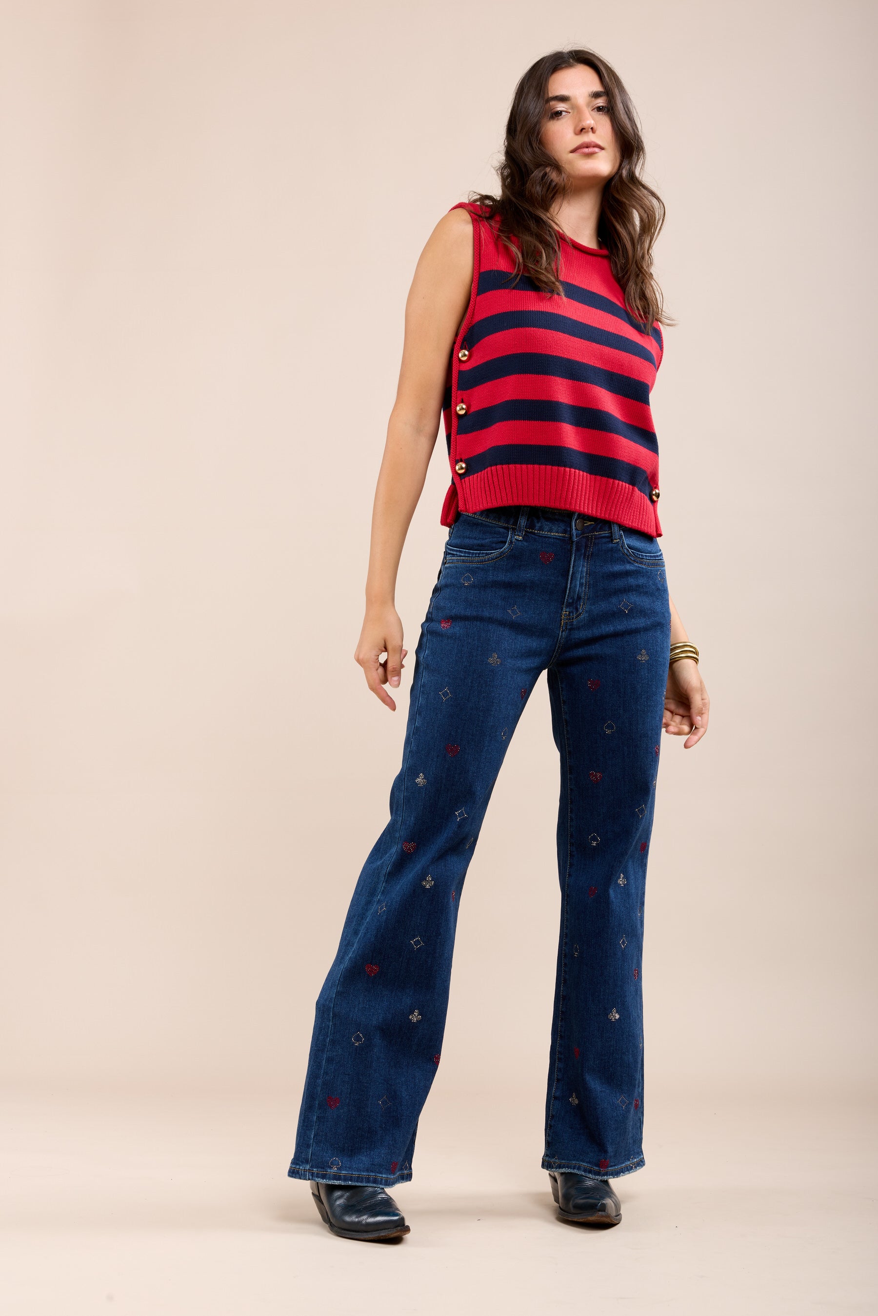 Toxk3 pantalon jean bootcut taille haute motifs poker strass