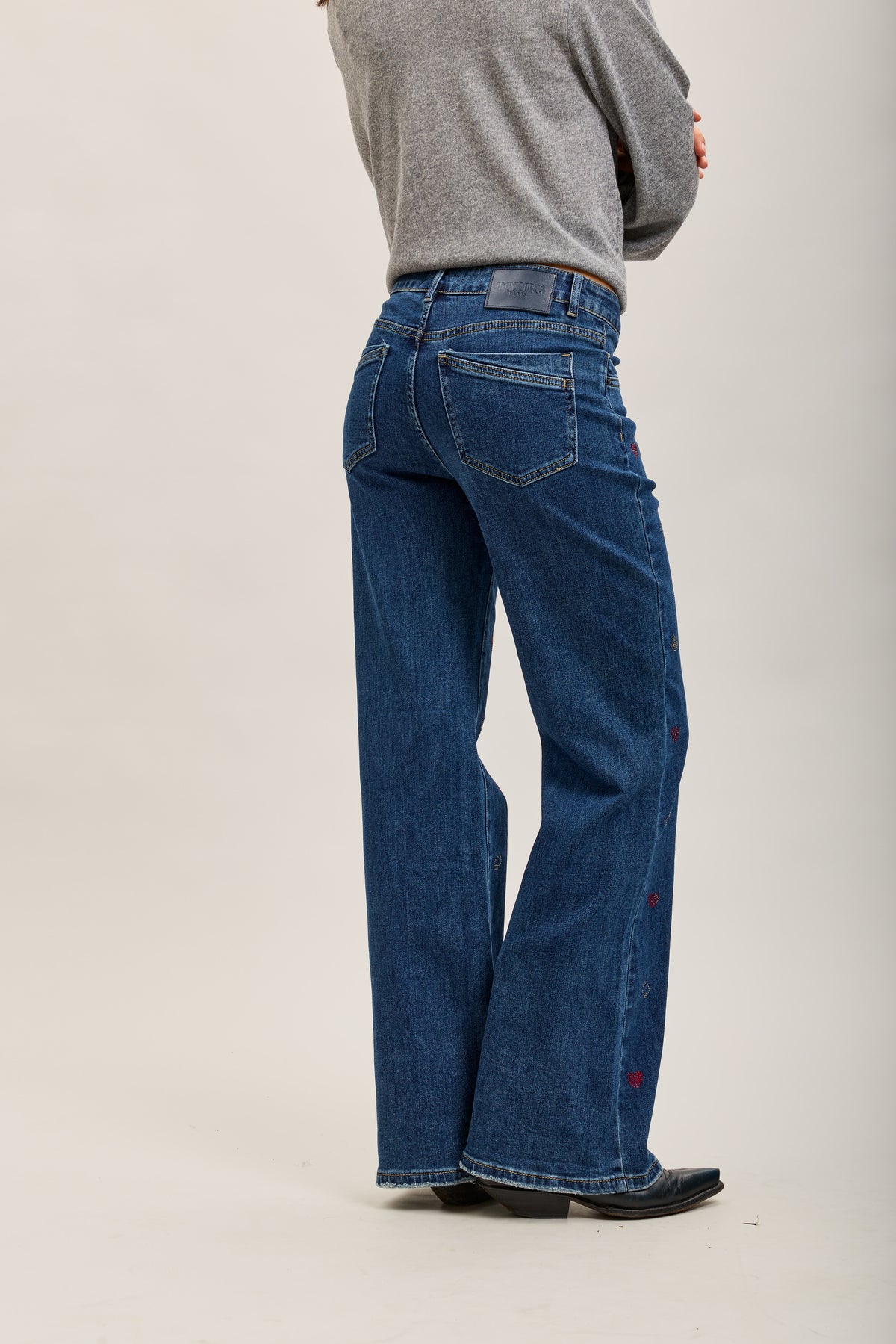 Toxk3 high waisted bootcut jean pants with rhinestone poker patterns