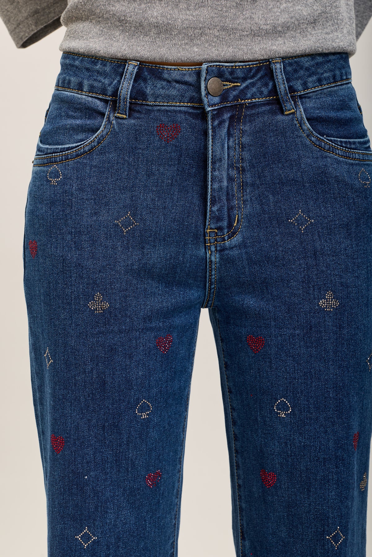 Toxk3 high waisted bootcut jean pants with rhinestone poker patterns
