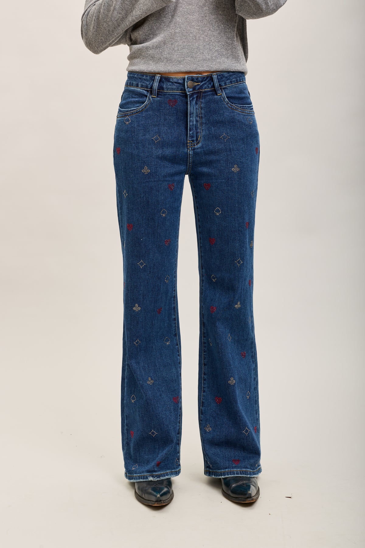 Toxk3 high waisted bootcut jean pants with rhinestone poker patterns