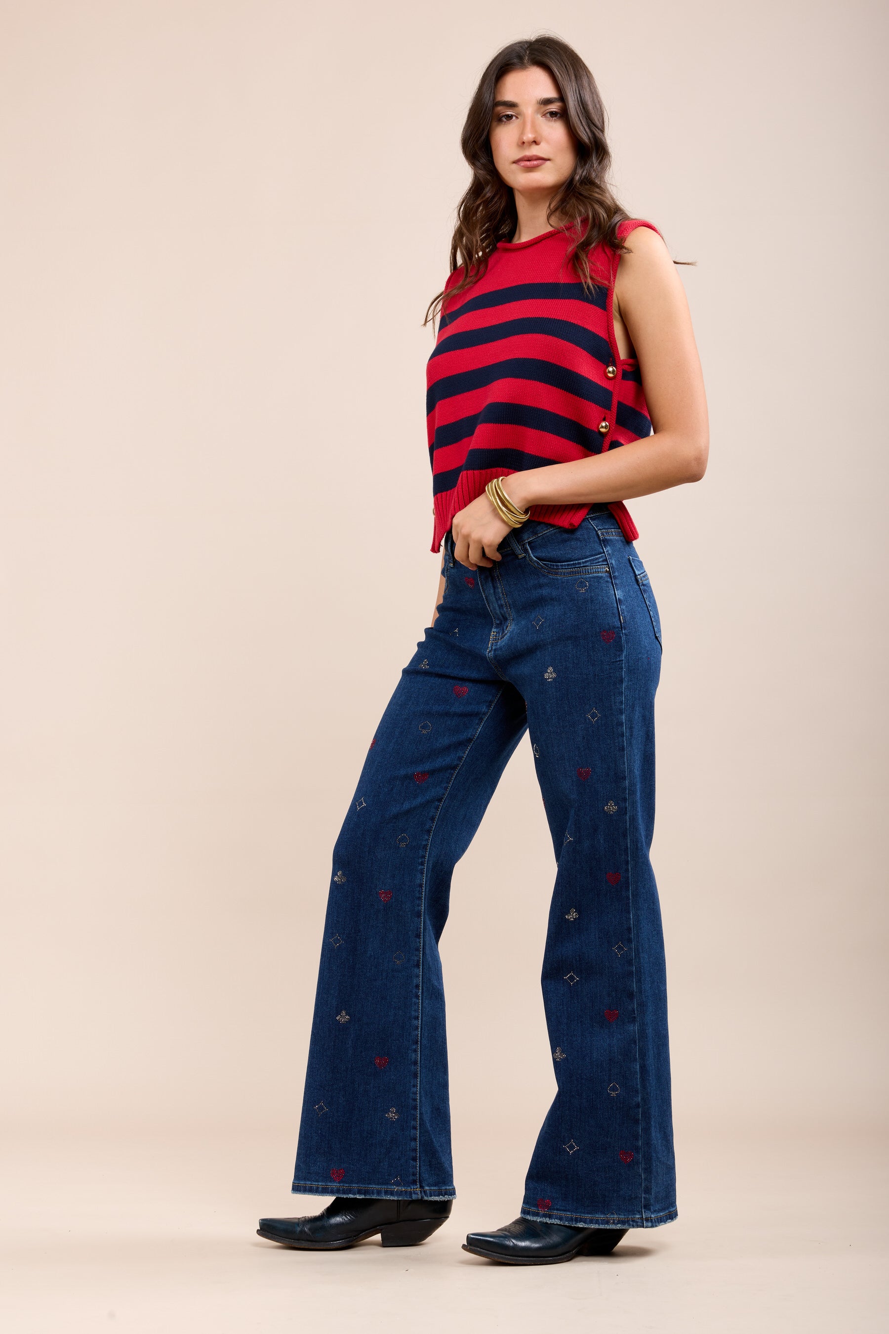 Toxk3 pantalon jean bootcut taille haute motifs poker strass