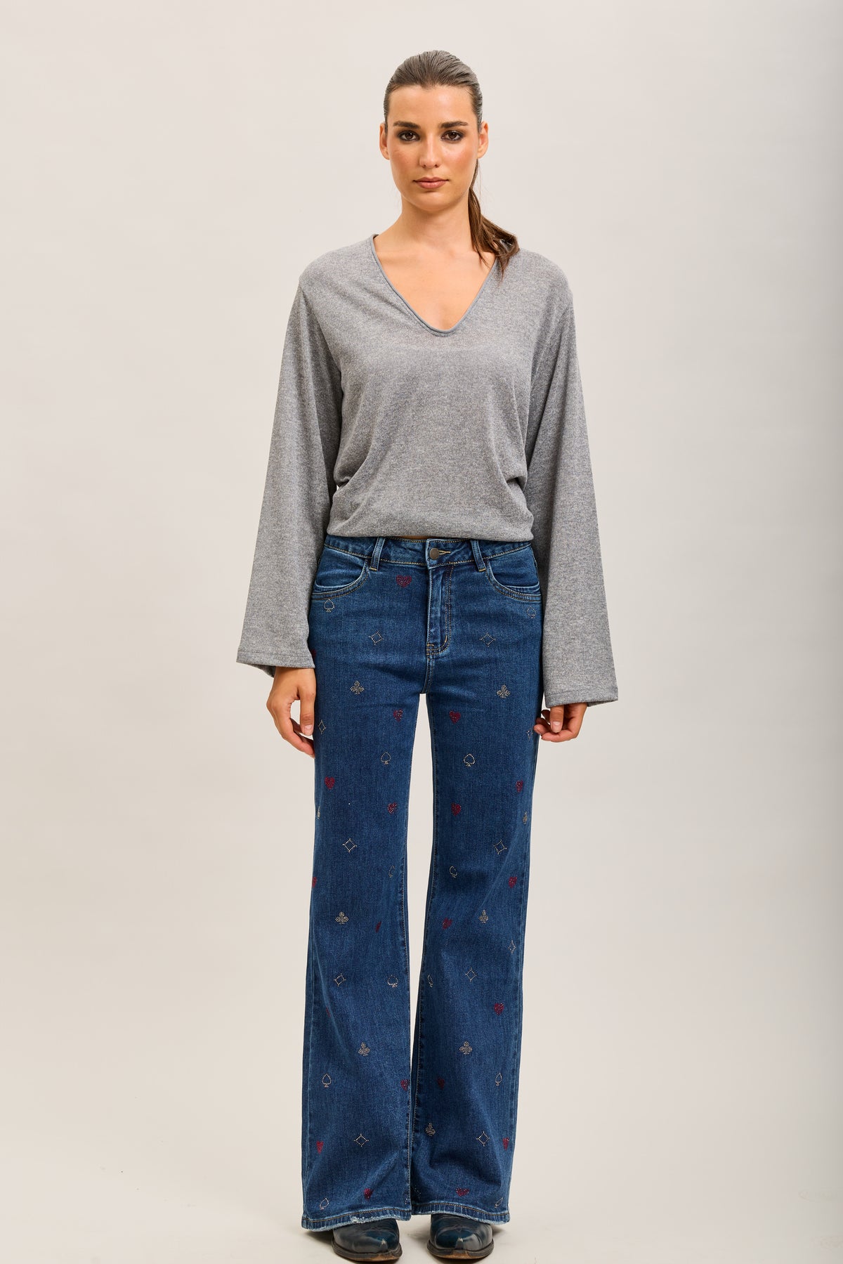 Toxk3 high waisted bootcut jean pants with rhinestone poker patterns