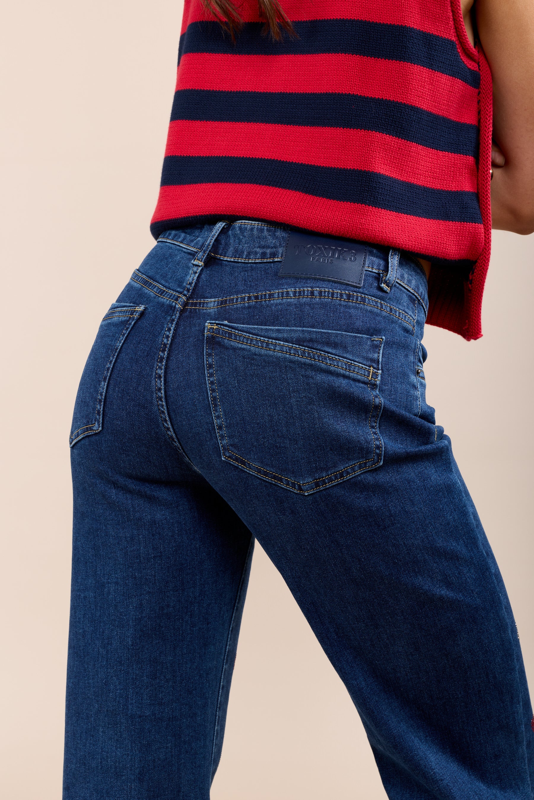 Toxk3 pantalon jean bootcut taille haute motifs poker strass