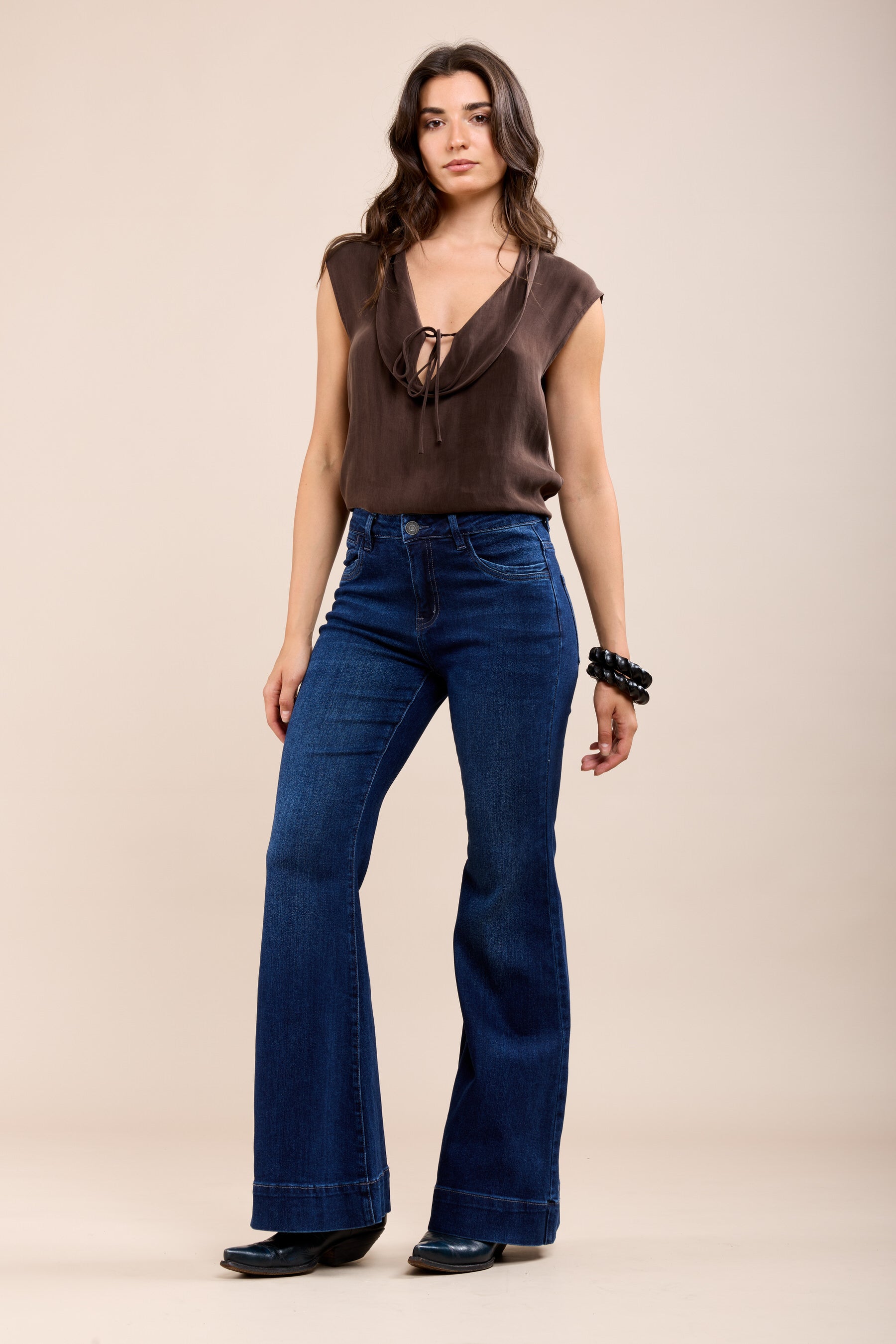 Toxik3 Jean Flare Snee Hoog met brede marineblauw omgekeerde