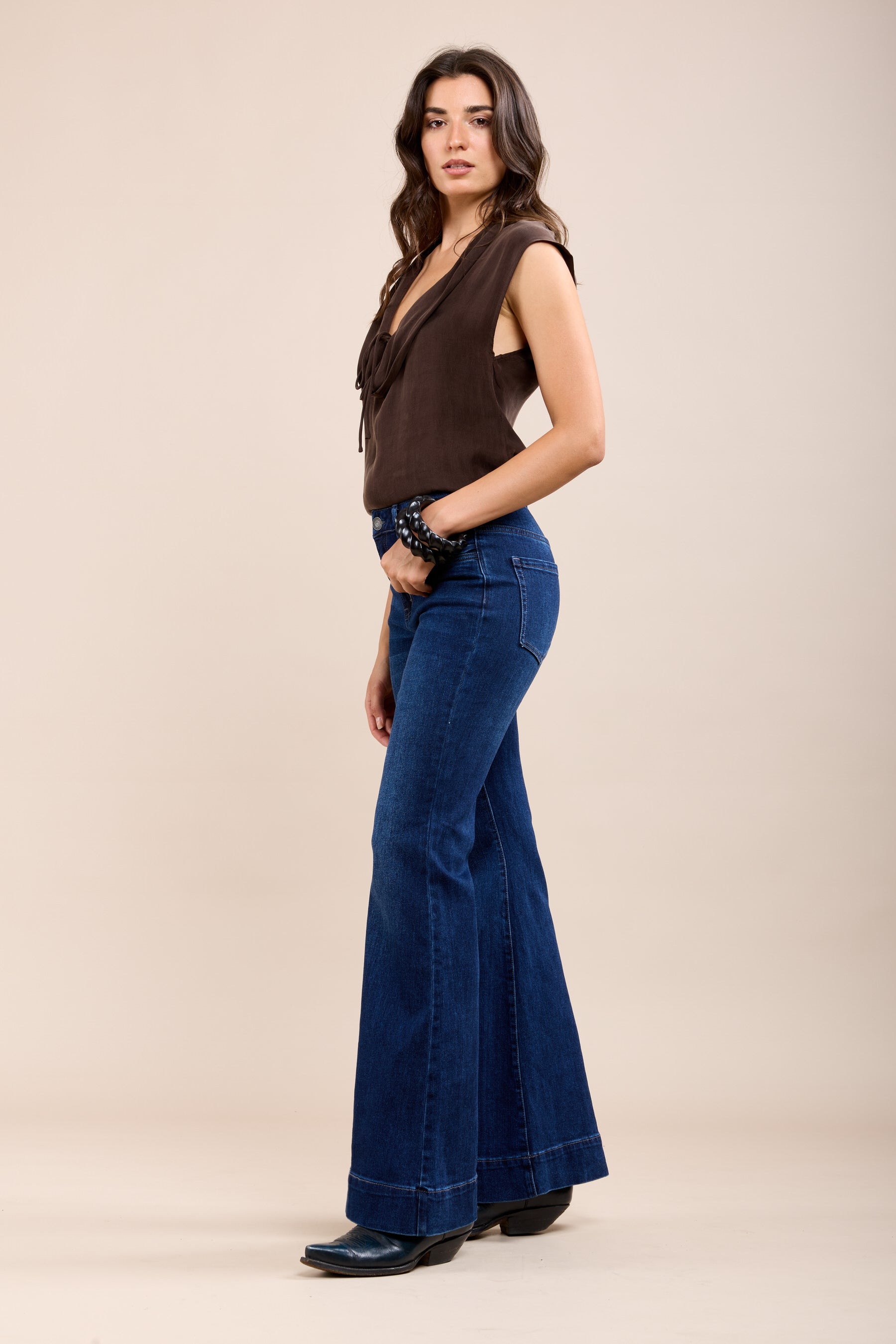 Toxik3 Jean Flare Snee Hoog met brede marineblauw omgekeerde