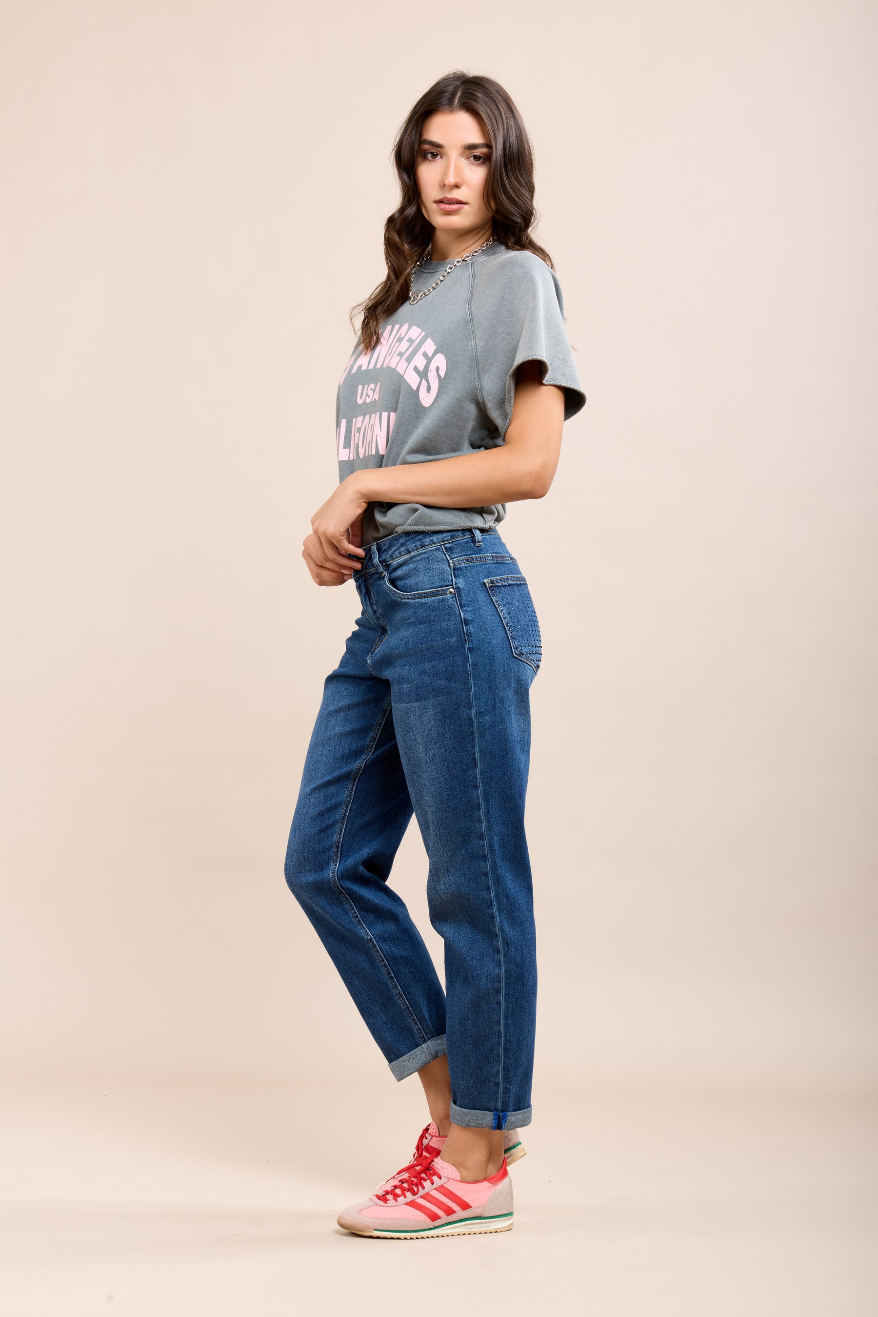 Toxik3 jean mom stretch strass poche arrière ton sur ton