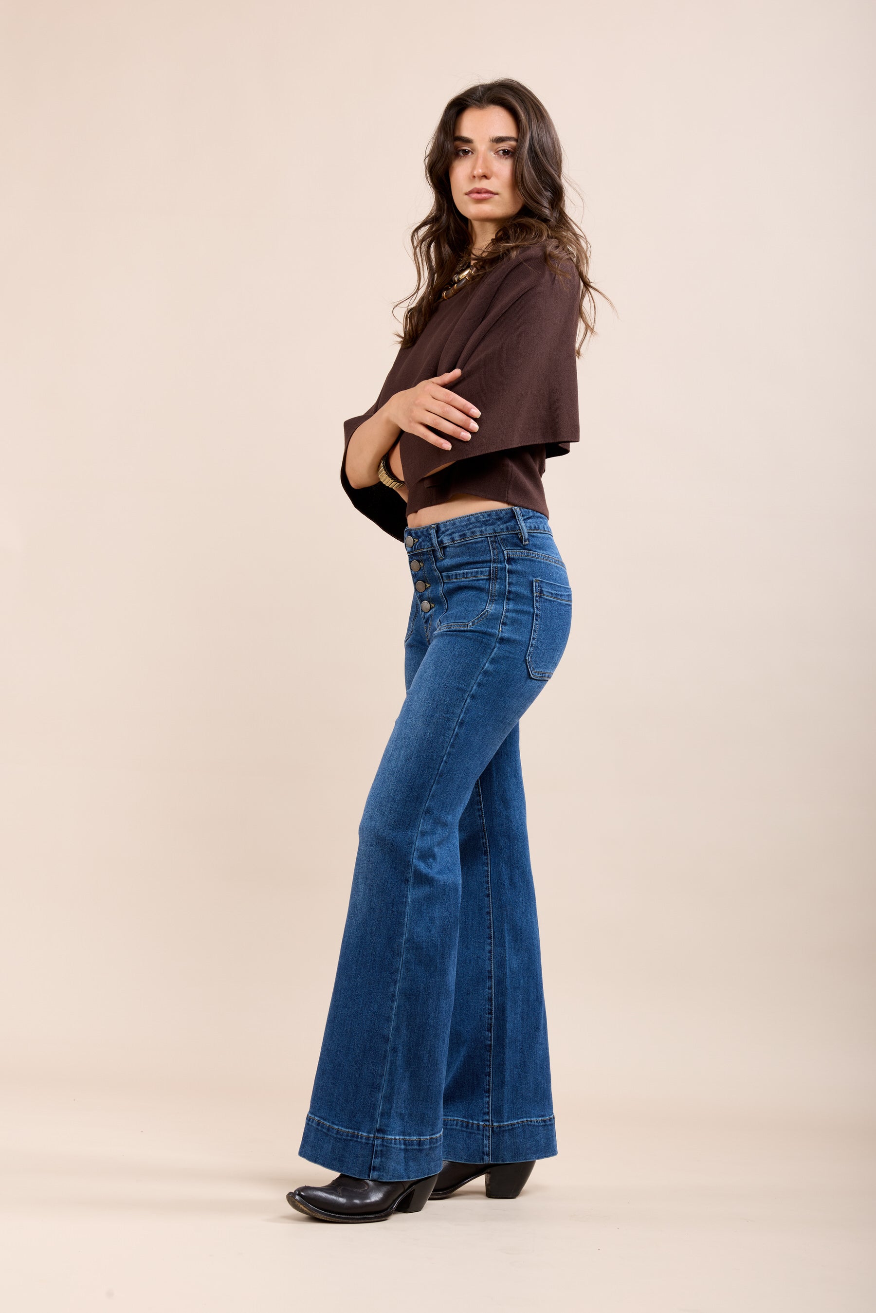 Toxik3 pantalon jean bootcut stretch à boutons grands ourlets