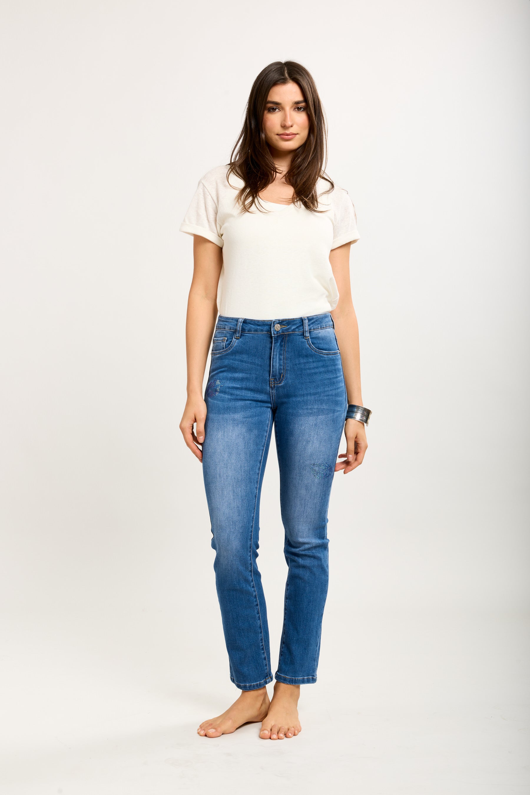 Toxik3 pantalon jean slim stretch motifs lèvres en strass