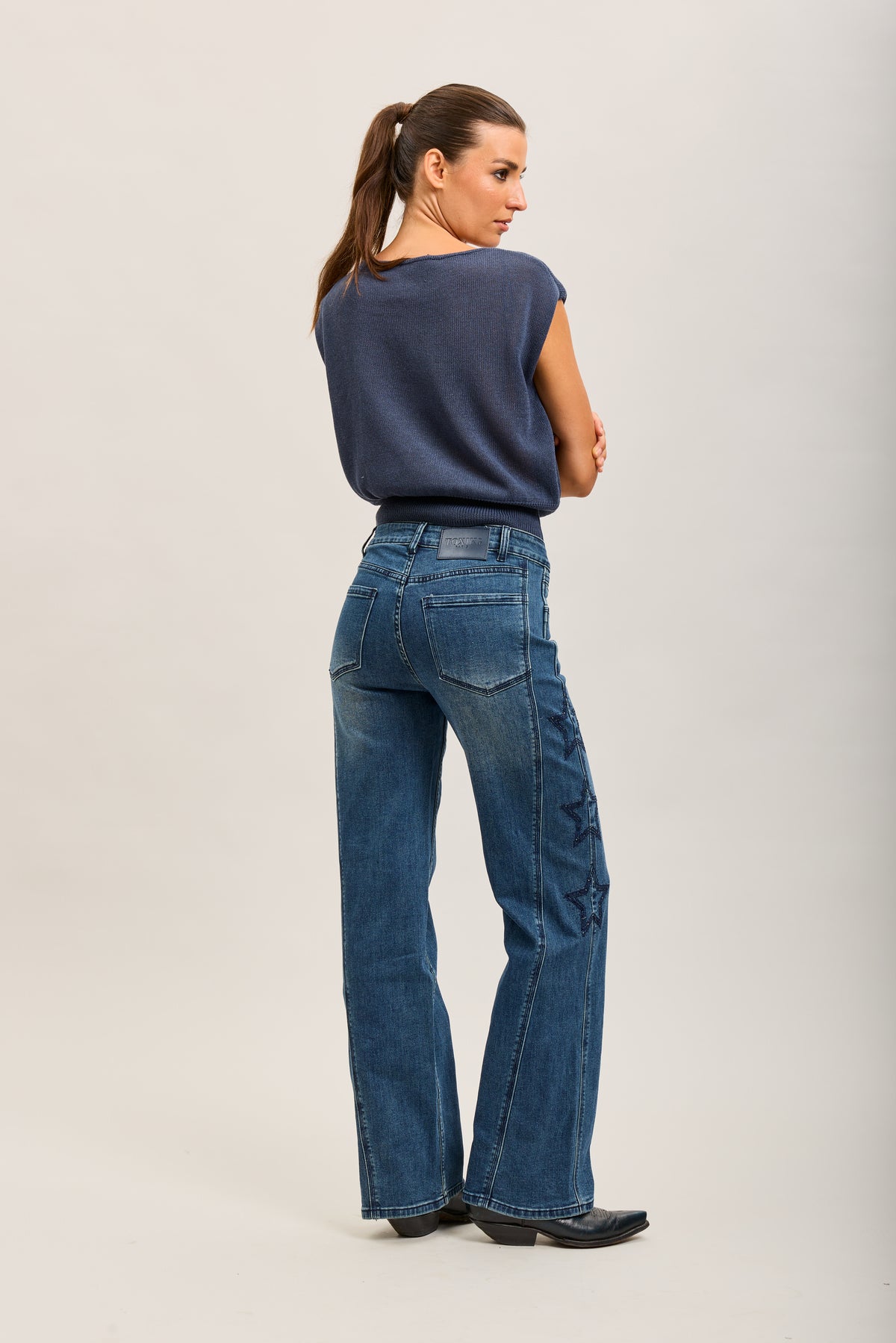 Toxik3 stretch wide jean pants with star rhinestones