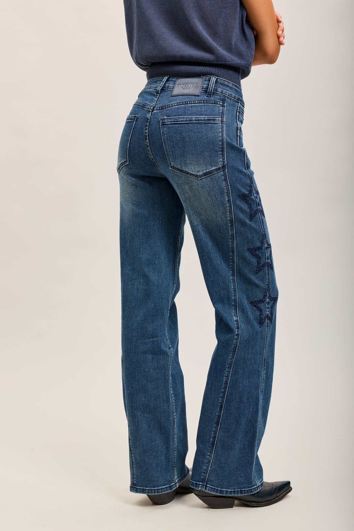 Toxik3 stretch wide jean pants with star rhinestones