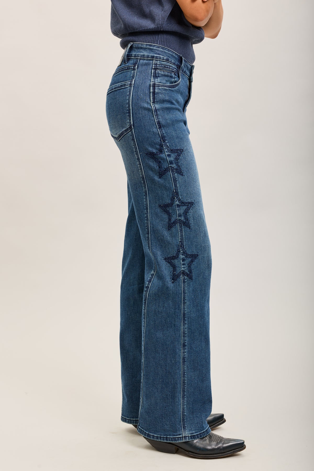 Toxik3 stretch wide jean pants with star rhinestones