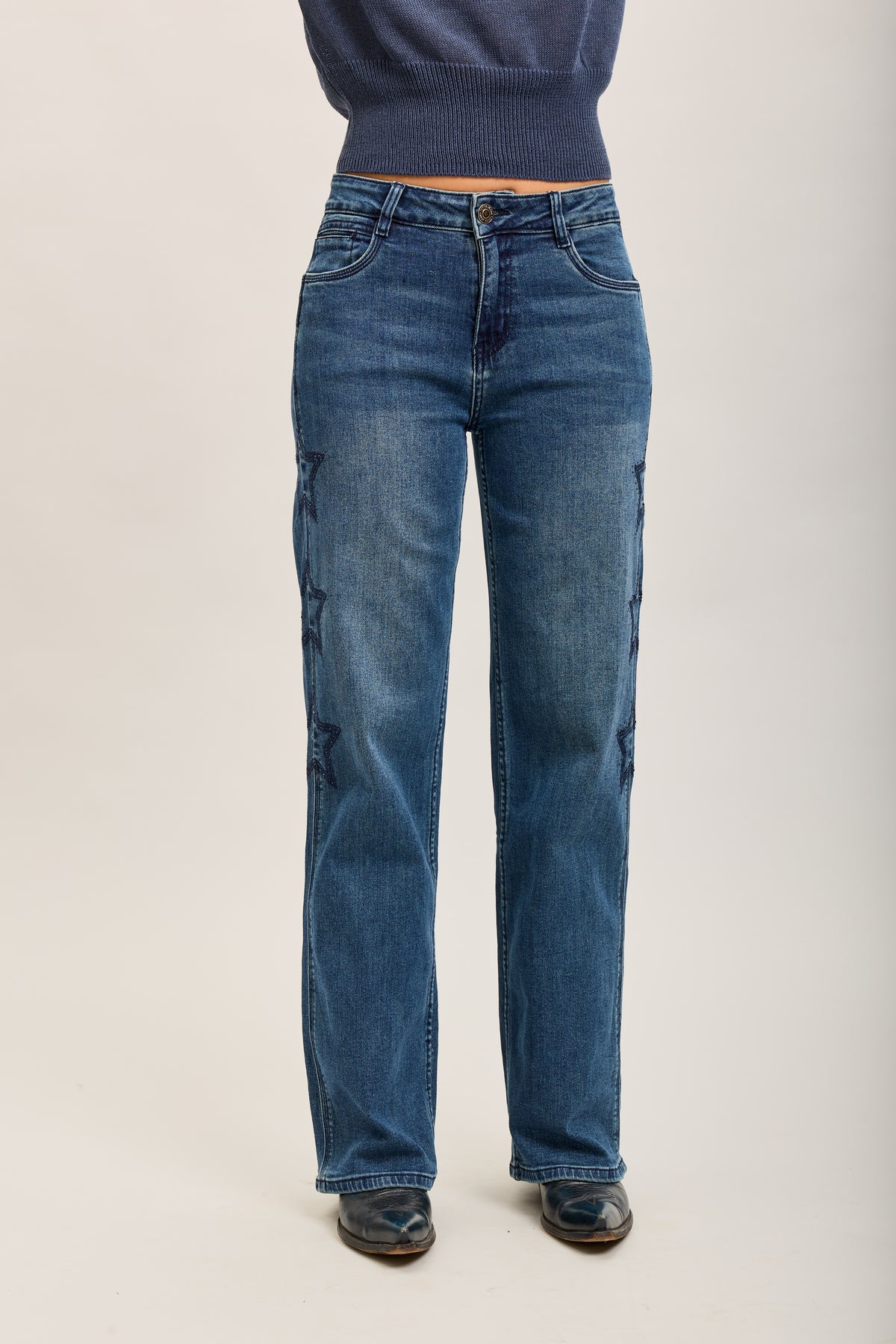 Toxik3 stretch wide jean pants with star rhinestones