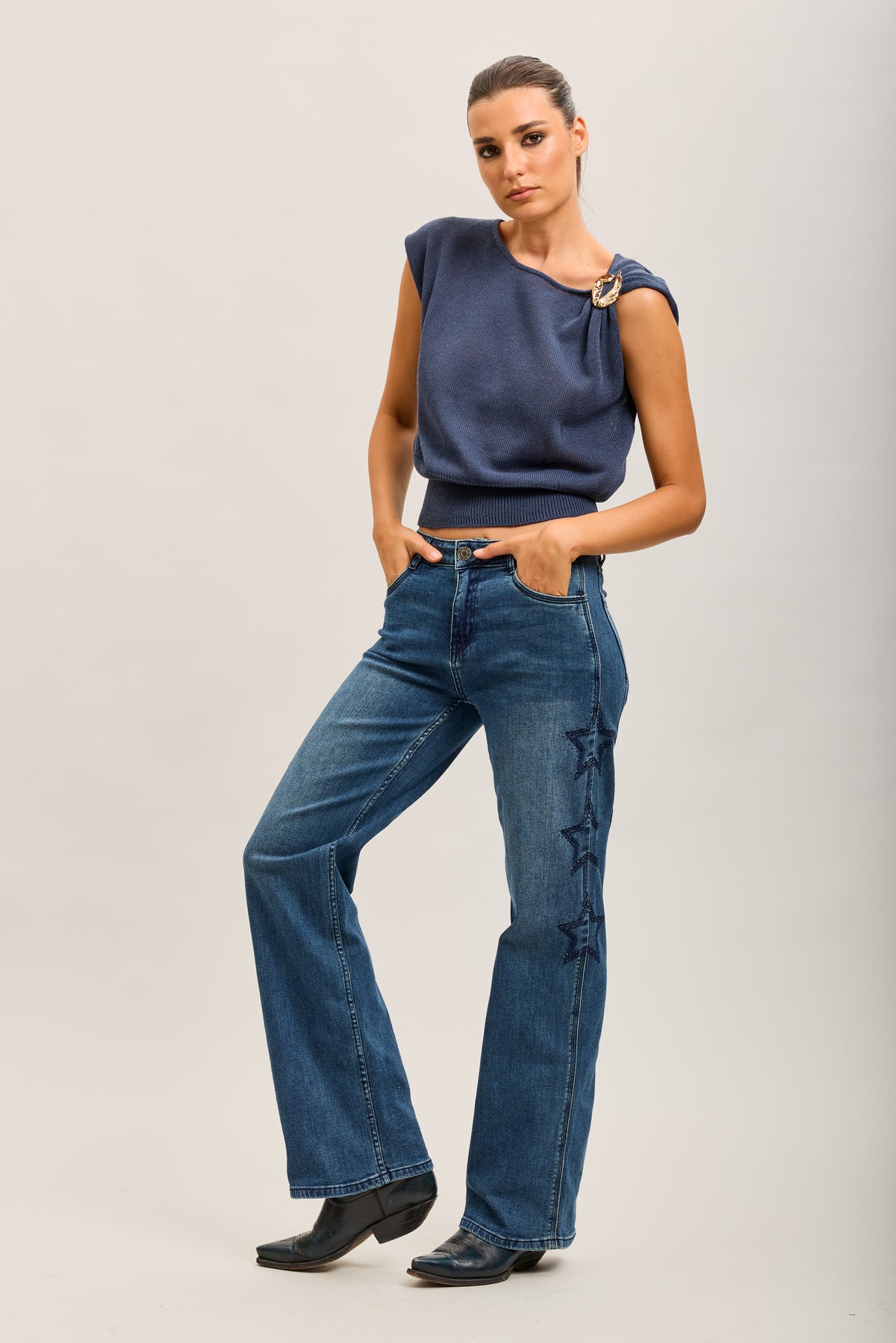 Toxik3 stretch wide jean pants with star rhinestones