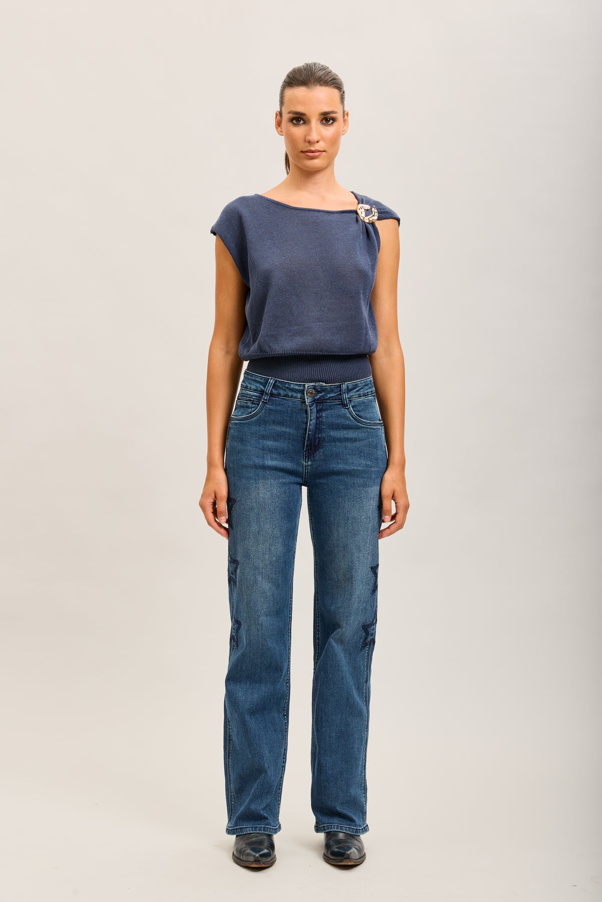 Toxik3 stretch wide jean pants with star rhinestones