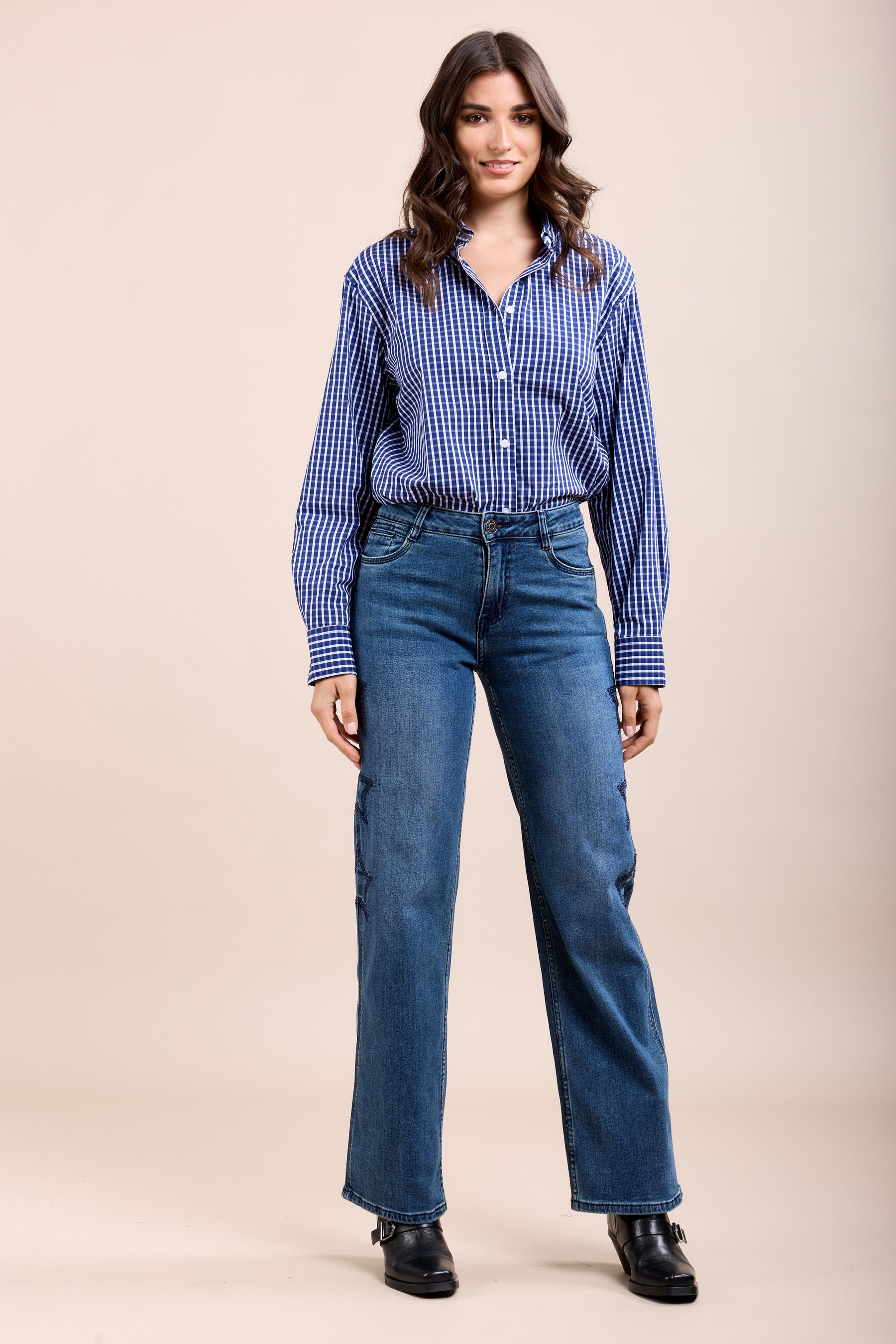 Toxik3 stretch wide jean pants with star rhinestones