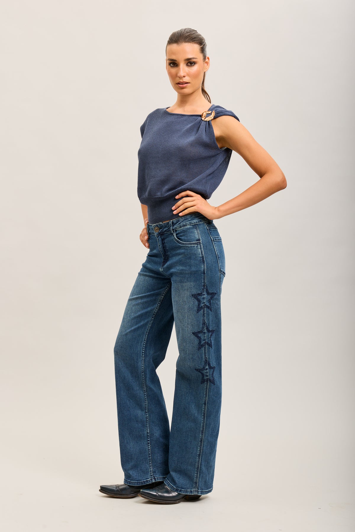 Toxik3 stretch wide jean pants with star rhinestones
