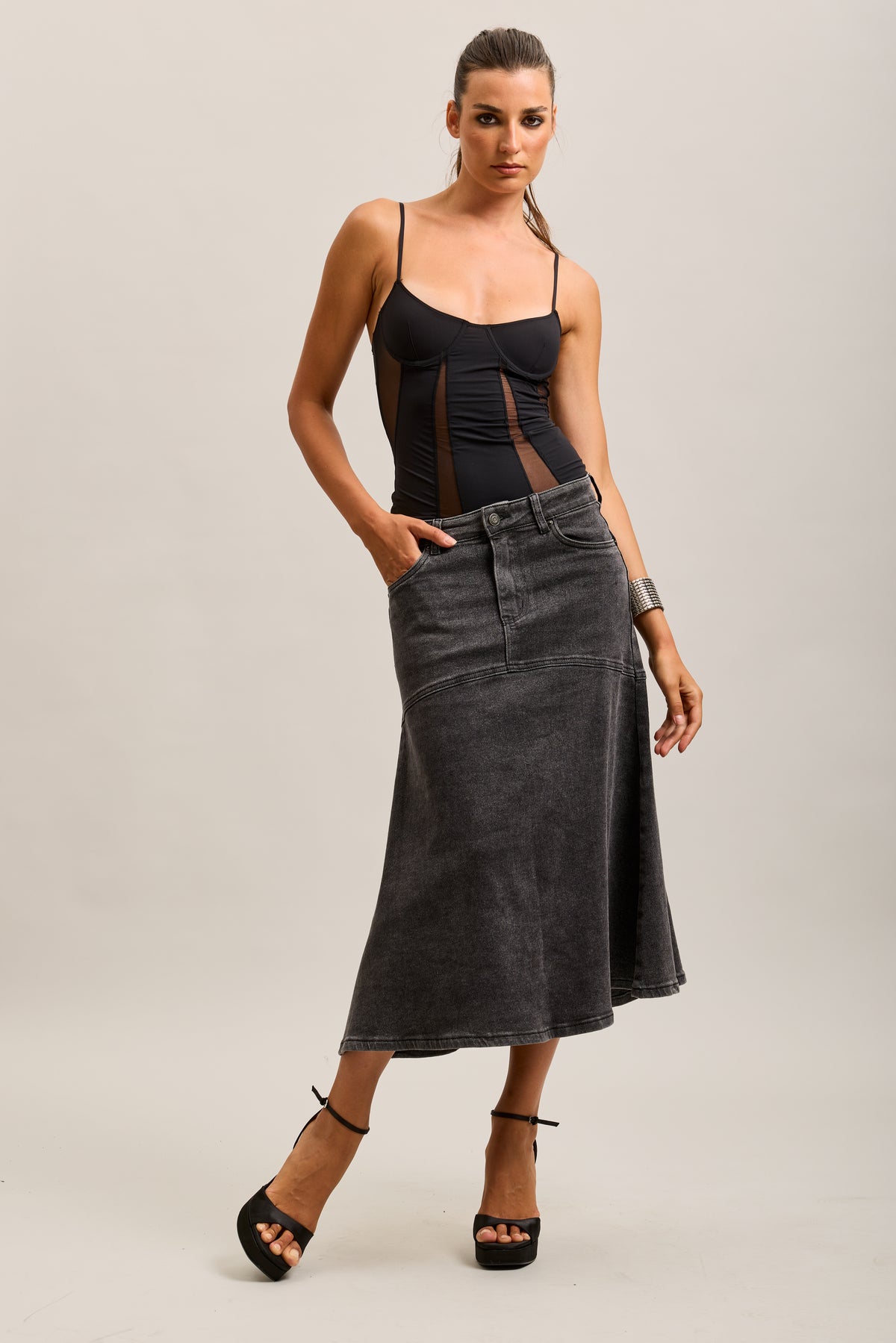 Toxik3 falda larga vaquera gris oscuro