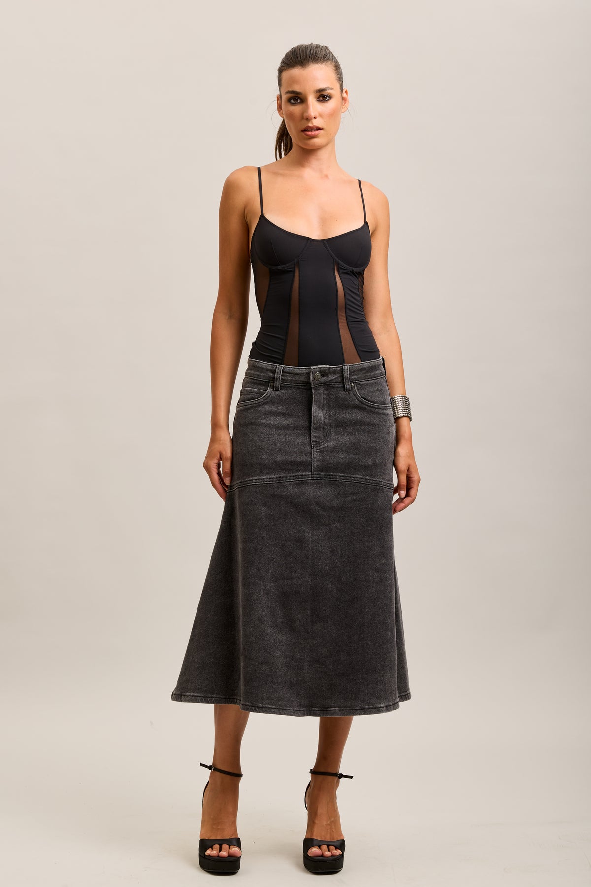 Toxik3 falda larga vaquera gris oscuro