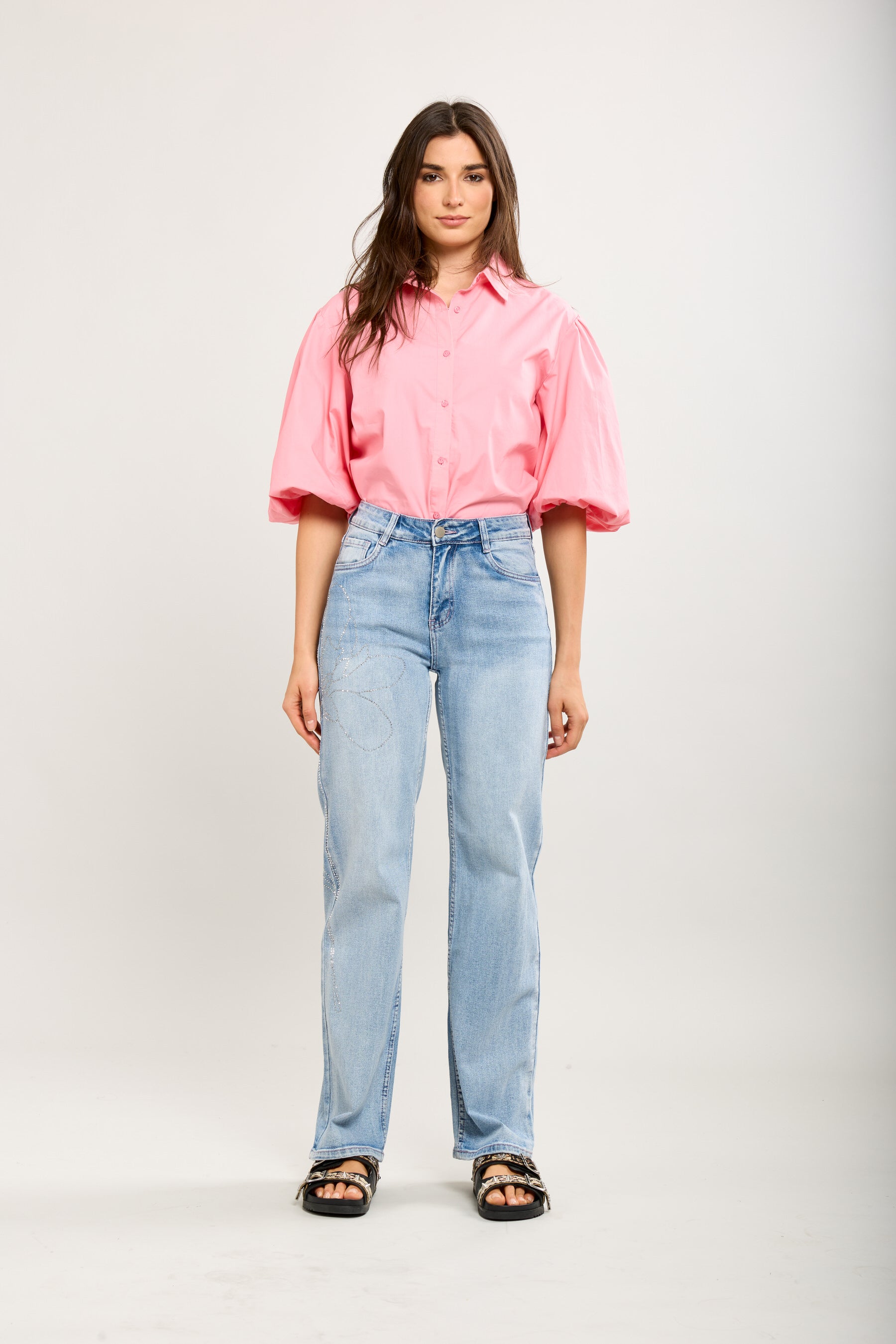 Toxik3 pantalon jean stretch droit strass fleurs