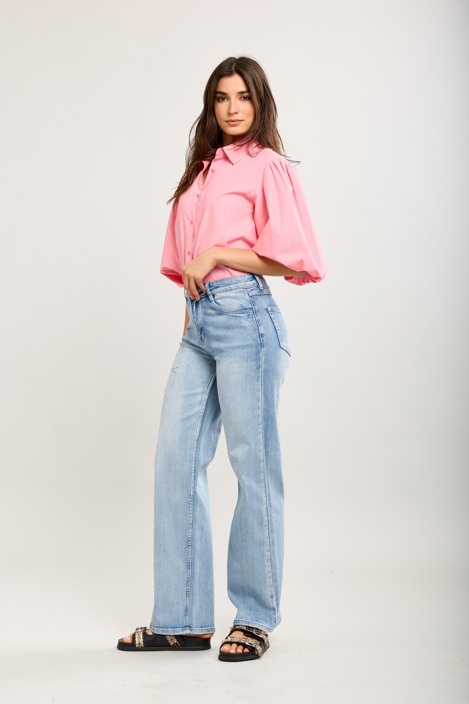 Toxik3 pantalon jean stretch droit strass fleurs