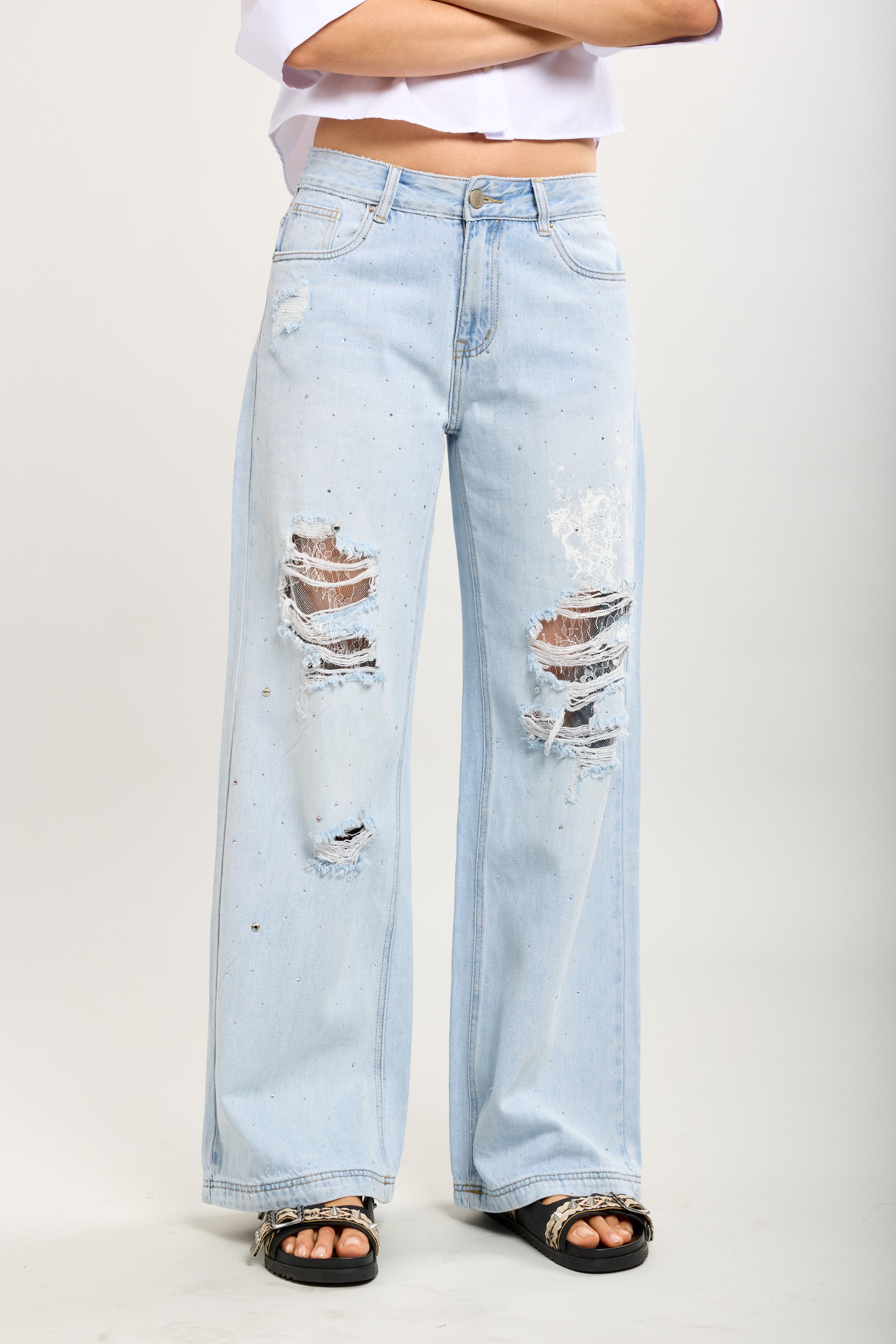 Toxik3 pantalon jean stretch wide déchiré strass