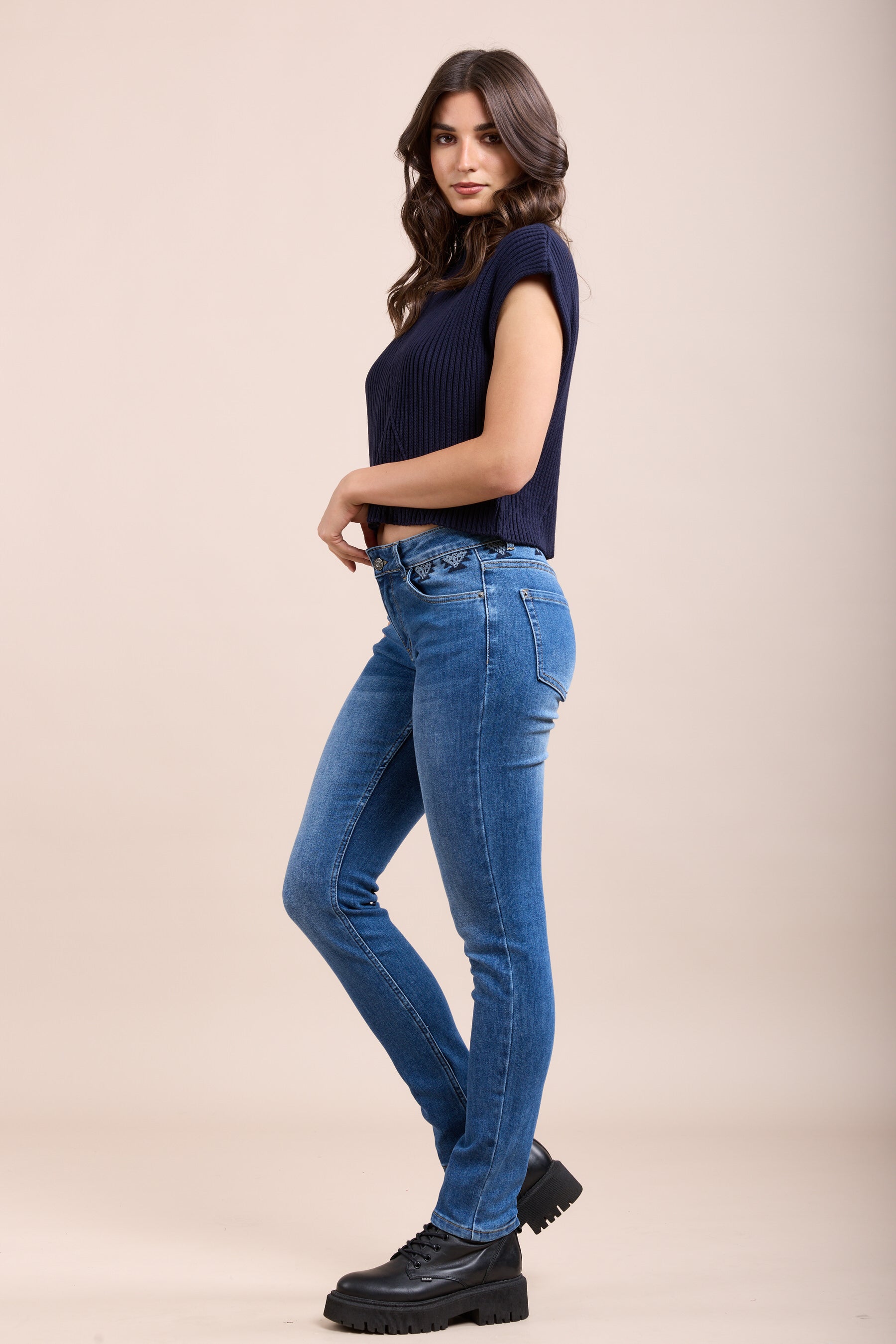 Toxik3 pantalon jean stretch slim ceinture brodées