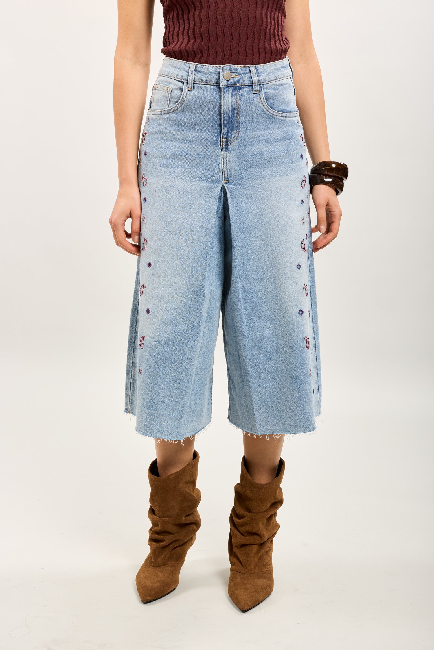 Toxik3 bermuda wide denim stretch broderie accents strass