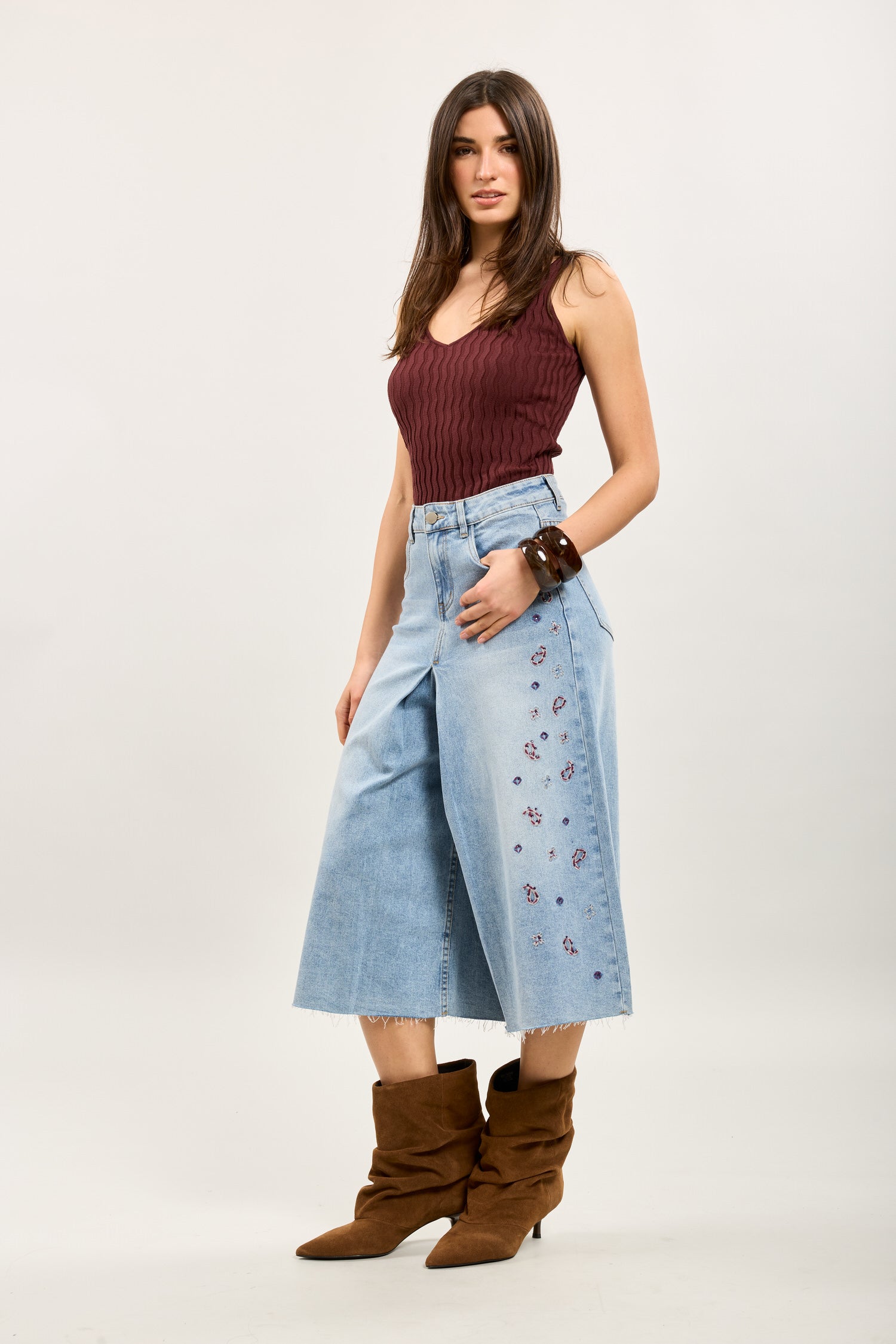 Toxik3 bermuda wide denim stretch broderie accents strass