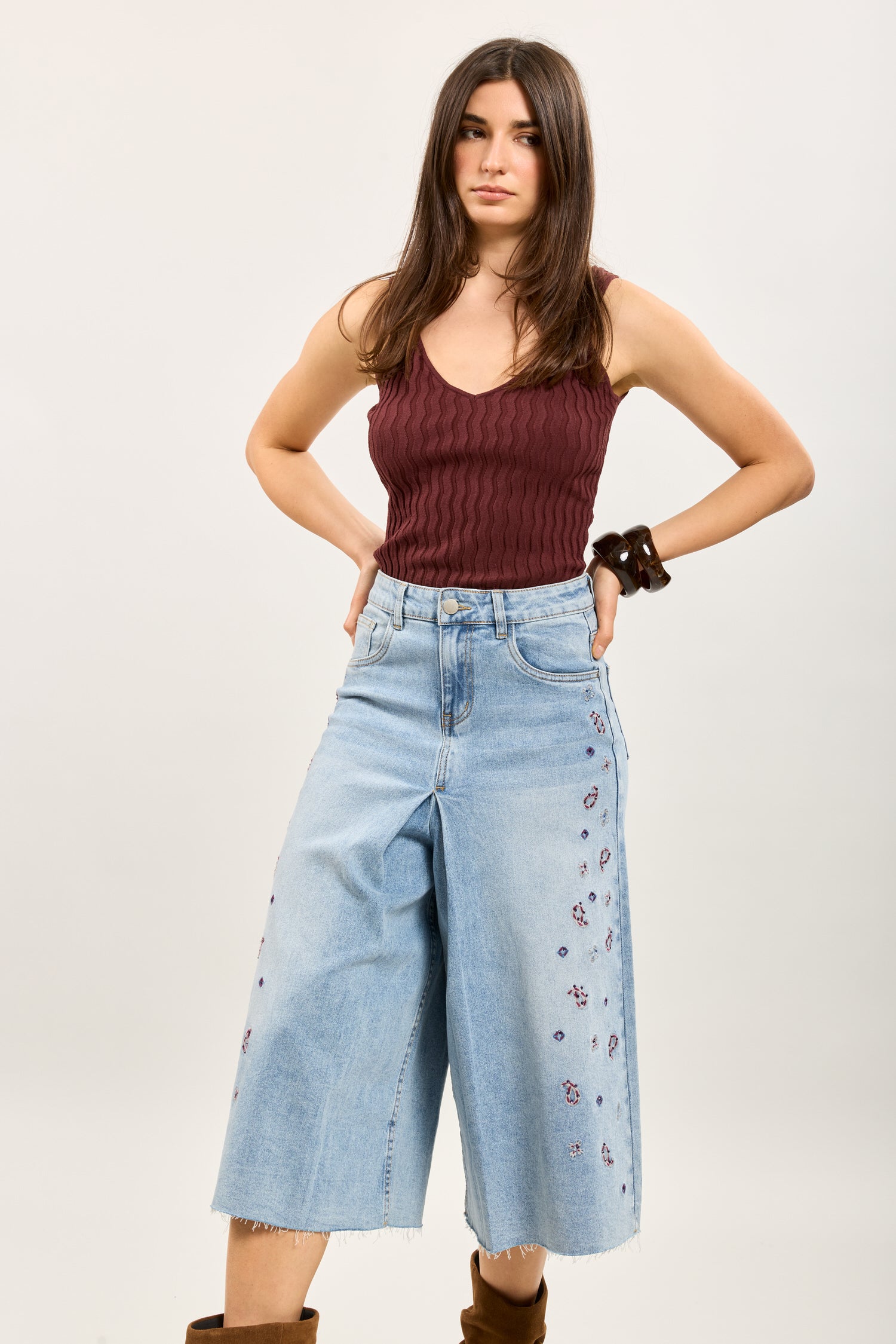 Toxik3 bermuda wide denim stretch broderie accents strass