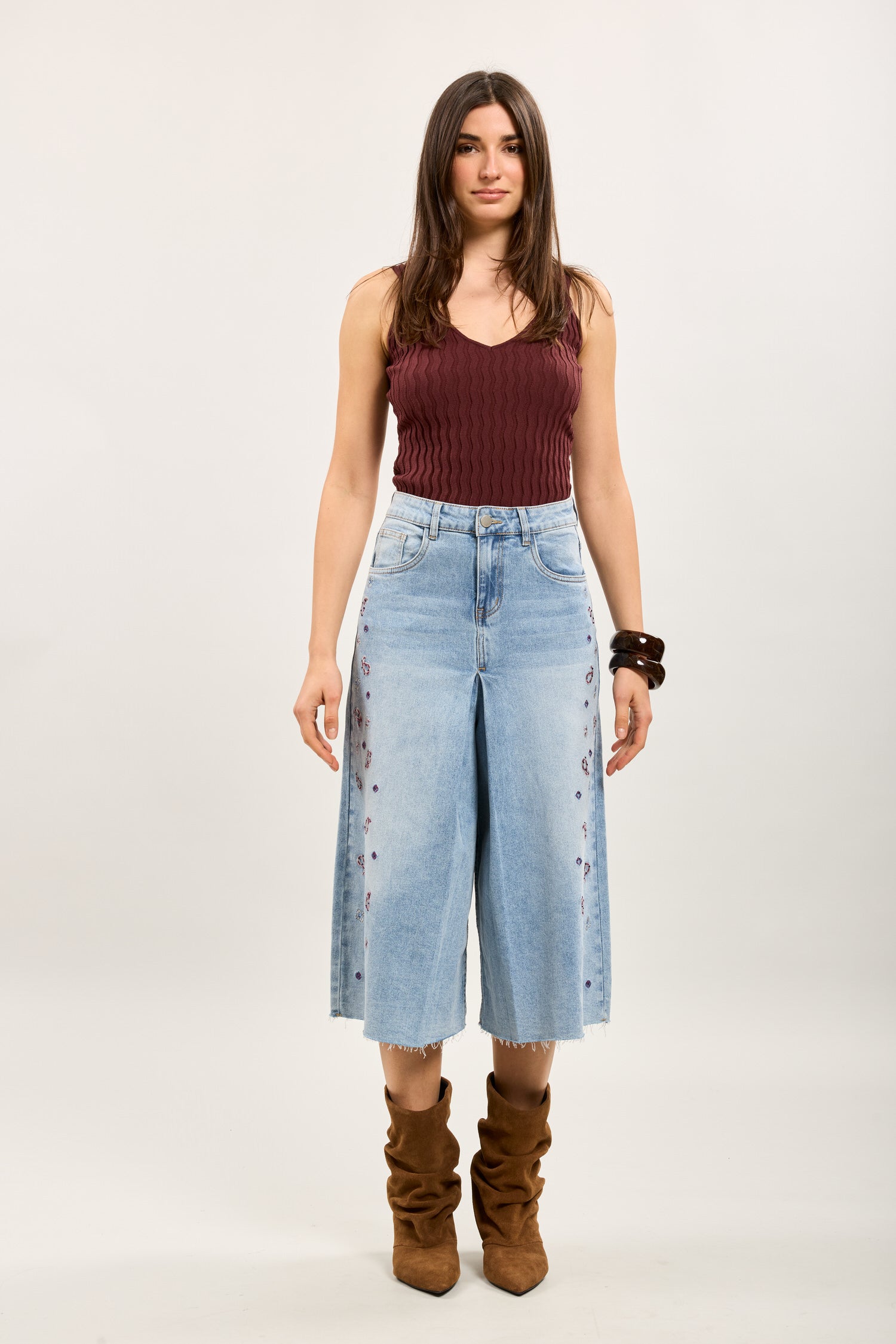 Toxik3 bermuda wide denim stretch broderie accents strass