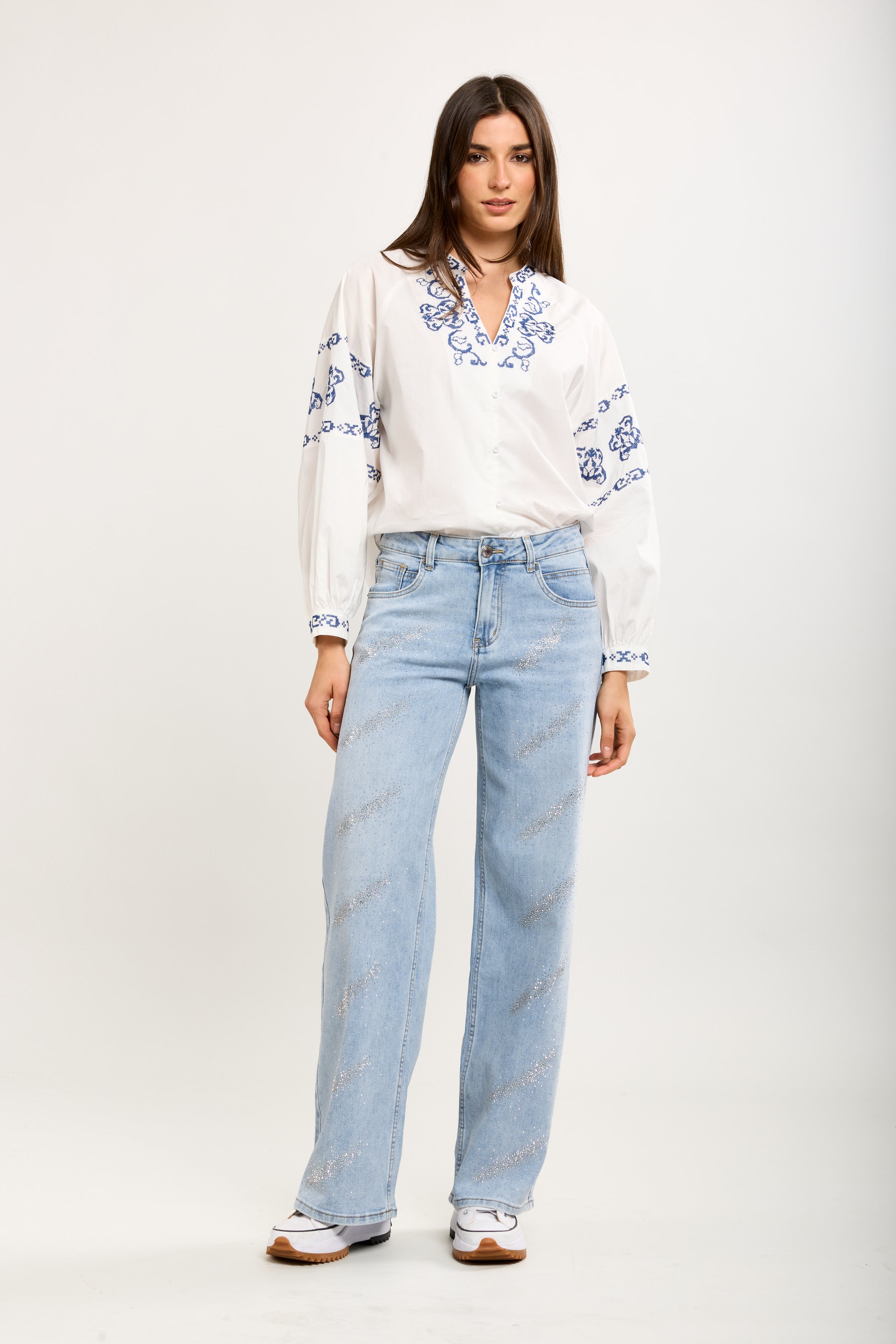 Toxik3 wide stretch denim pants with rhinestone details