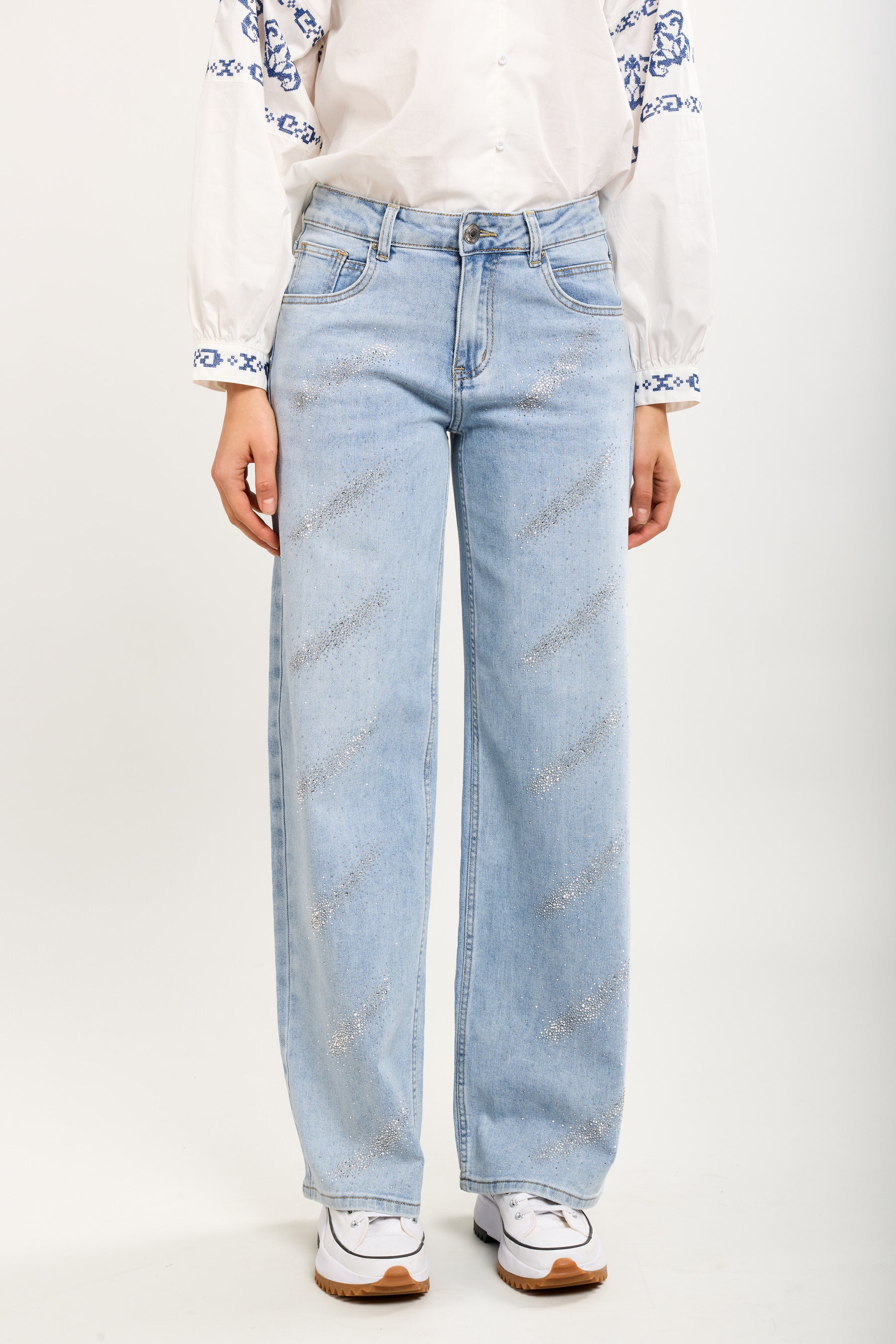 Toxik3 wide stretch denim pants with rhinestone details