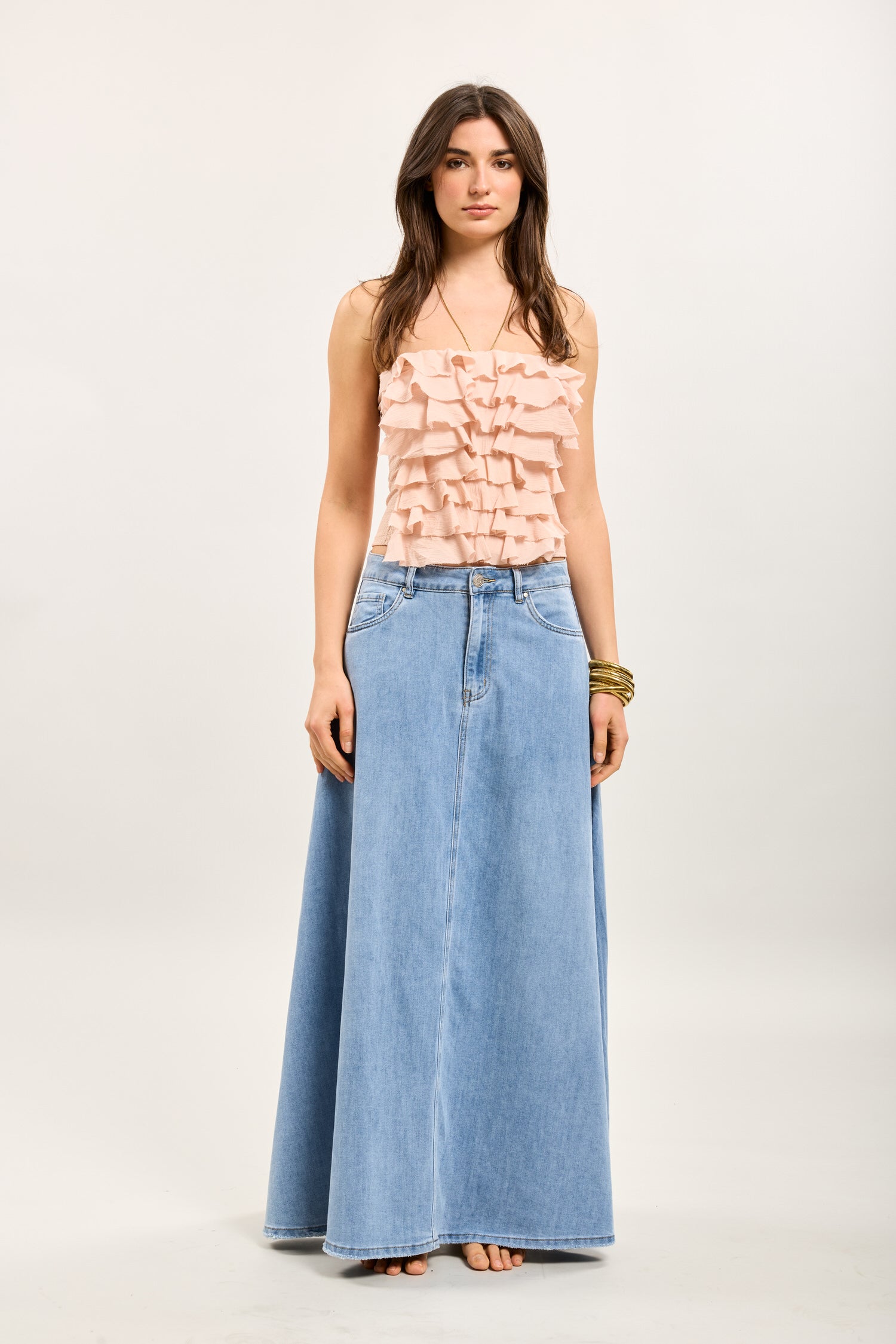 Toxik3 long denim skirt with lightning stitching