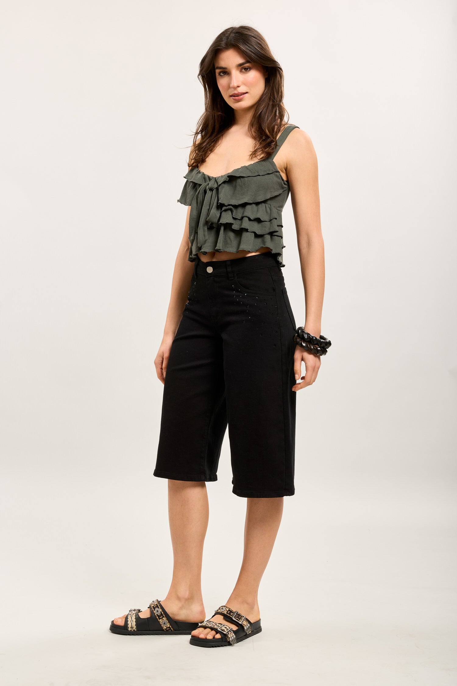 Toxik3 bermuda jean stretch wide incrustations strass