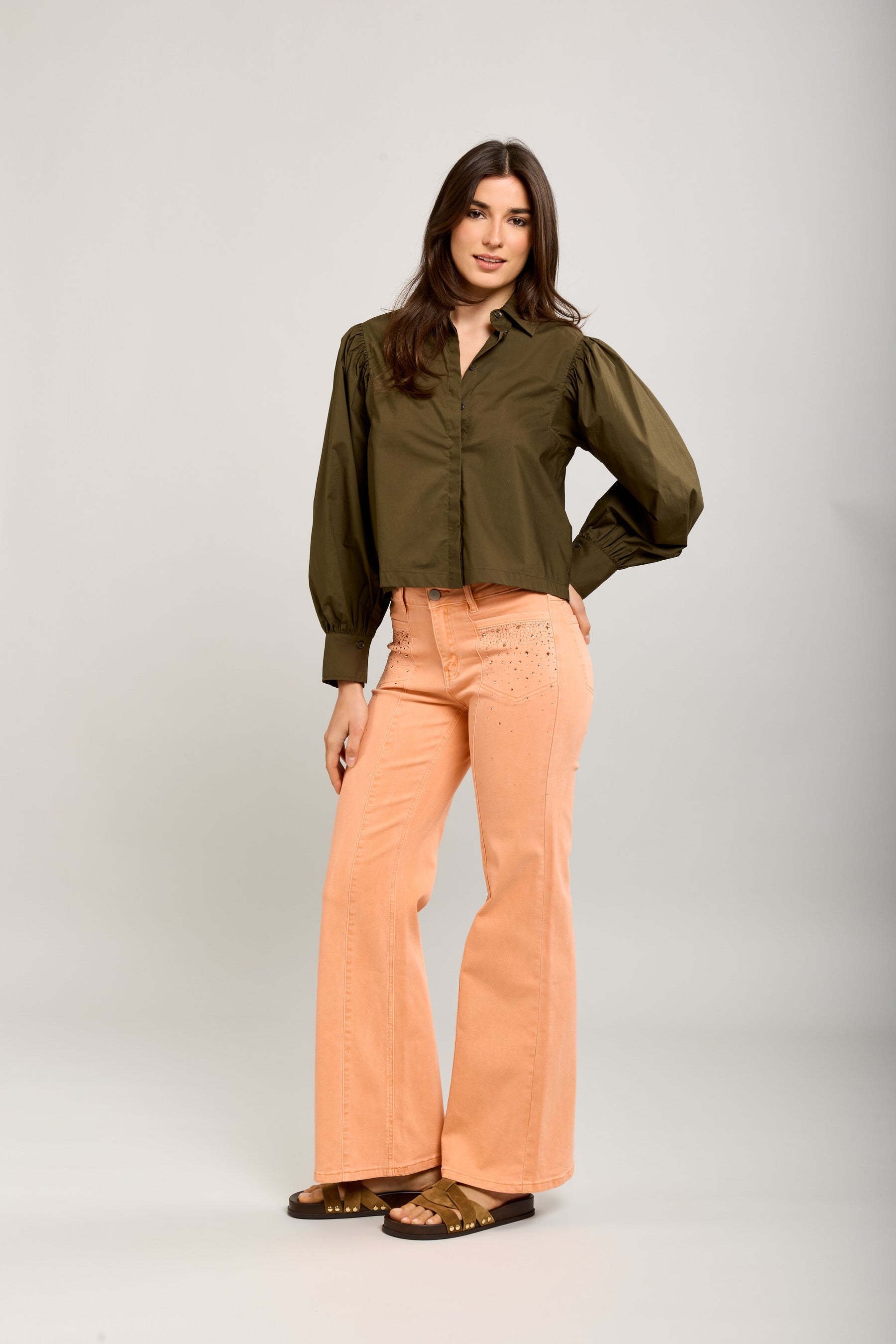 Toxik3 bootcut pants in stretch denim with rhinestone pocket details