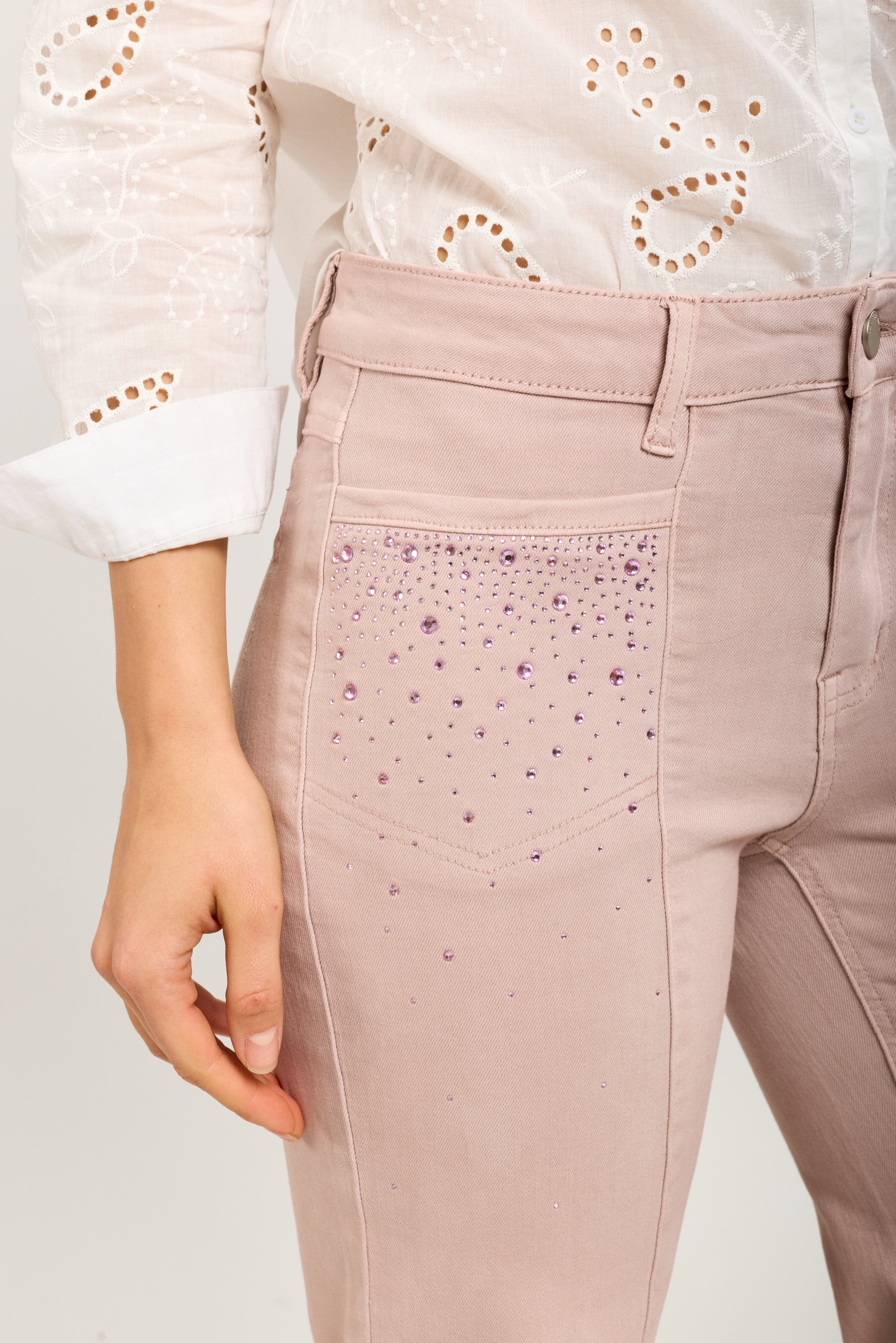 Toxik3 bootcut pants in stretch denim with rhinestone pocket details
