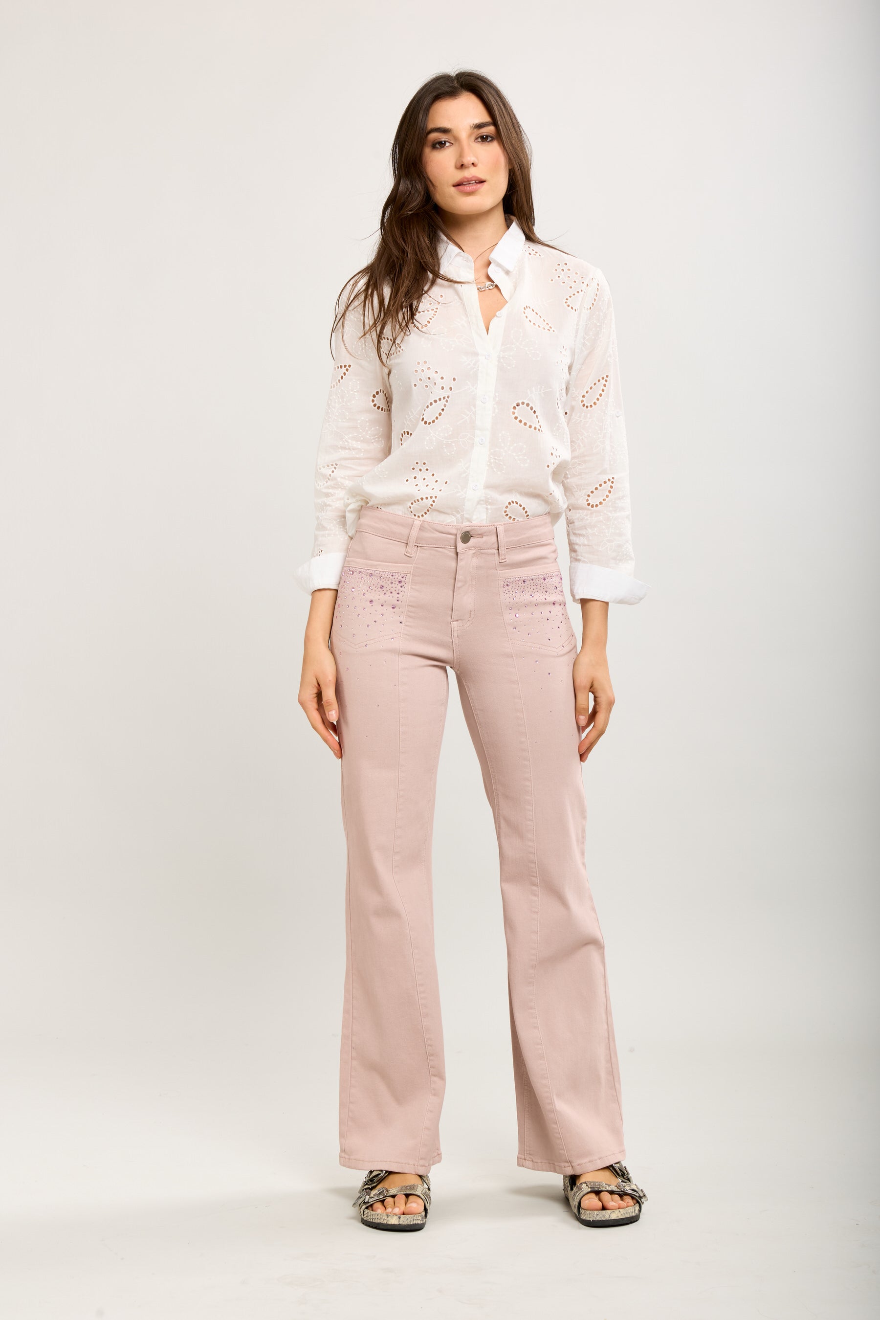 Toxik3 bootcut pants in stretch denim with rhinestone pocket details