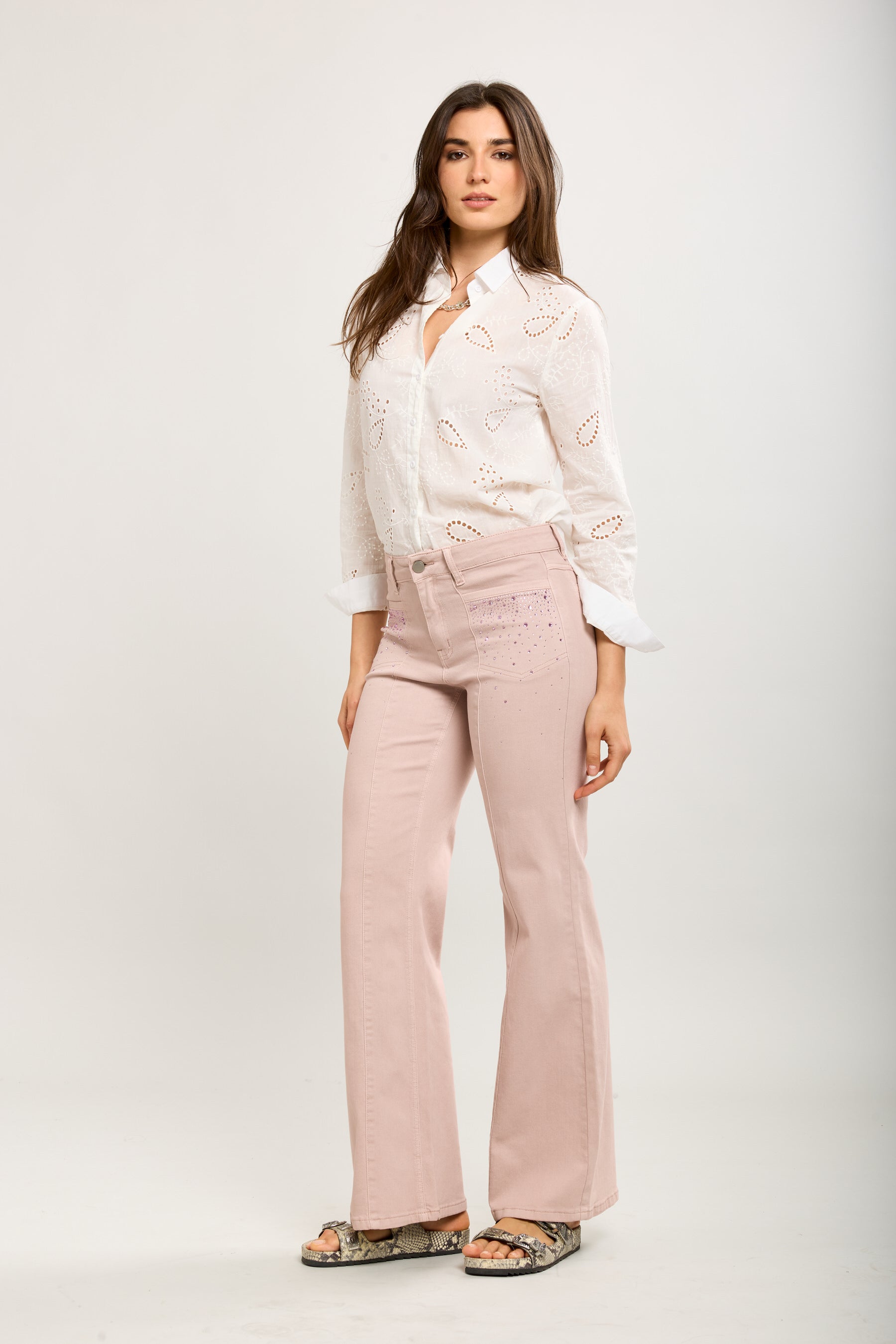 Toxik3 bootcut pants in stretch denim with rhinestone pocket details