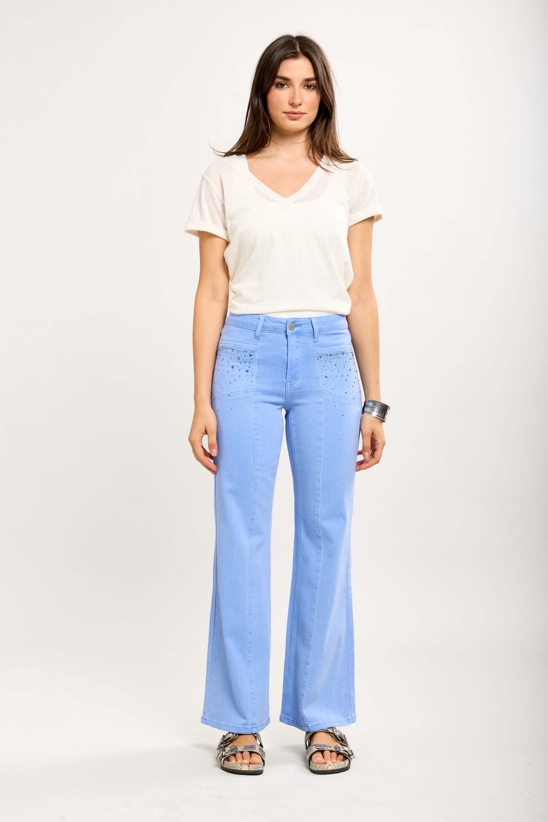 Toxik3 bootcut pants in stretch denim with rhinestone pocket details