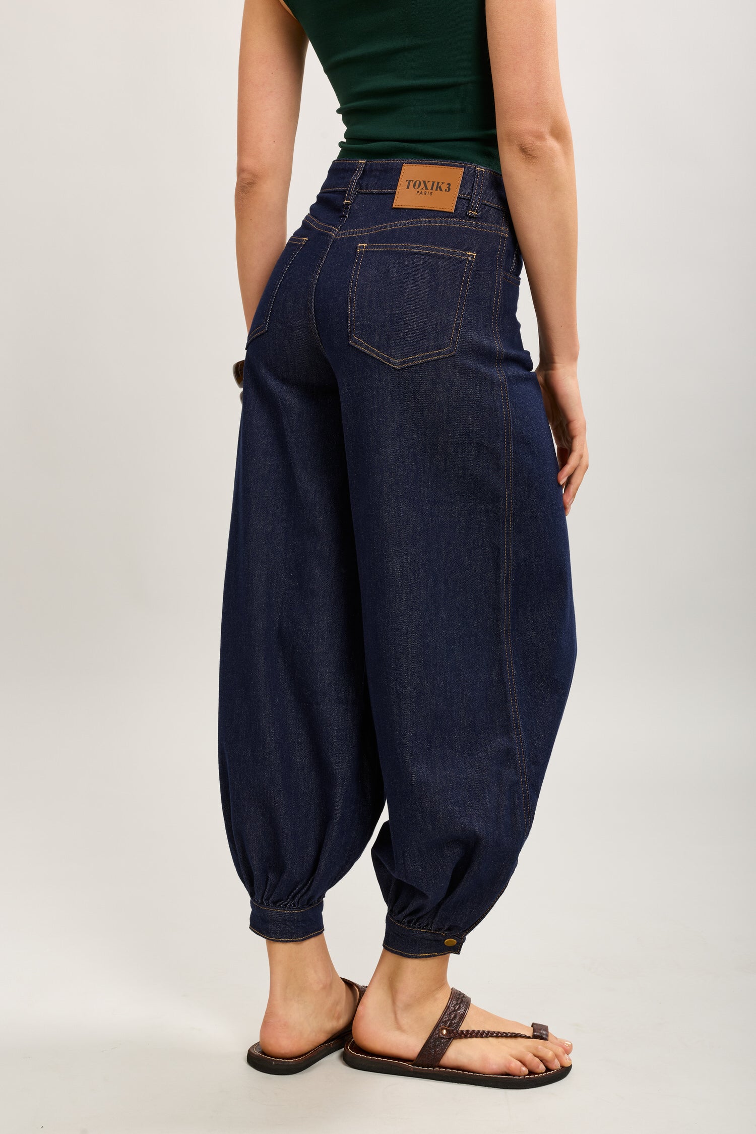 Toxik3 balloon cropped denim harem pants stretch denim topstitched