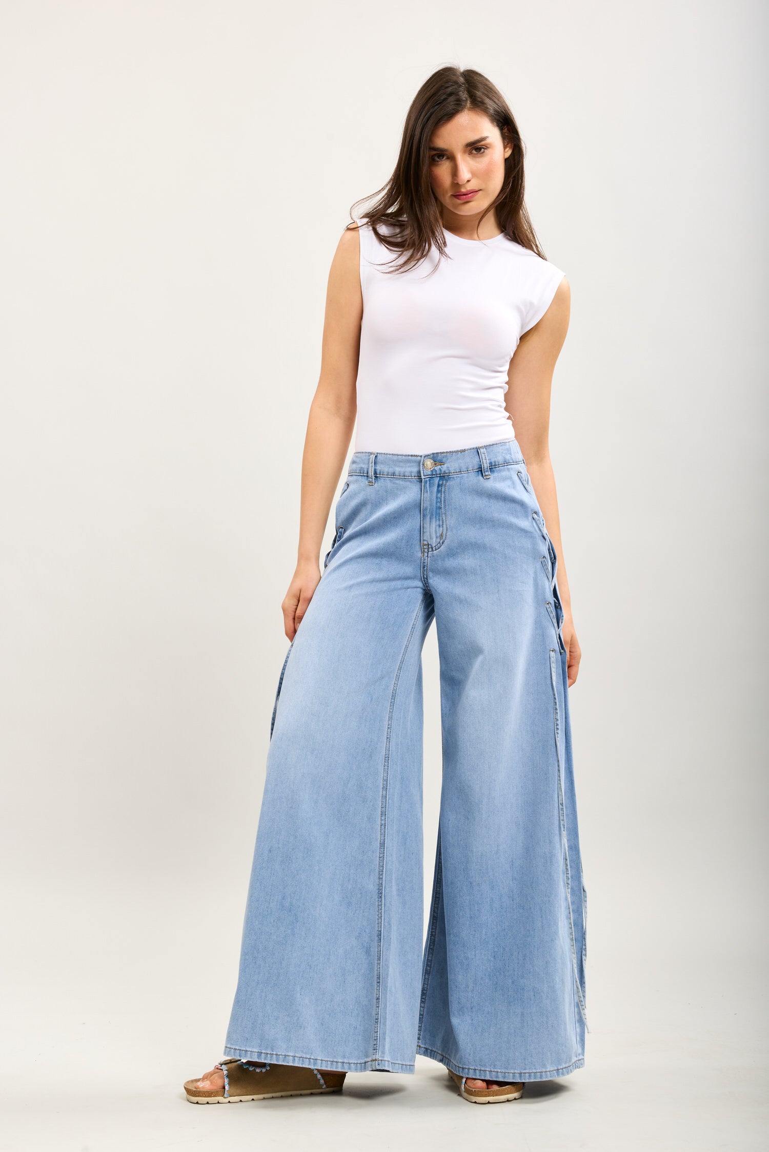 Toxik3 extra-wide stretch denim pants with side lace details