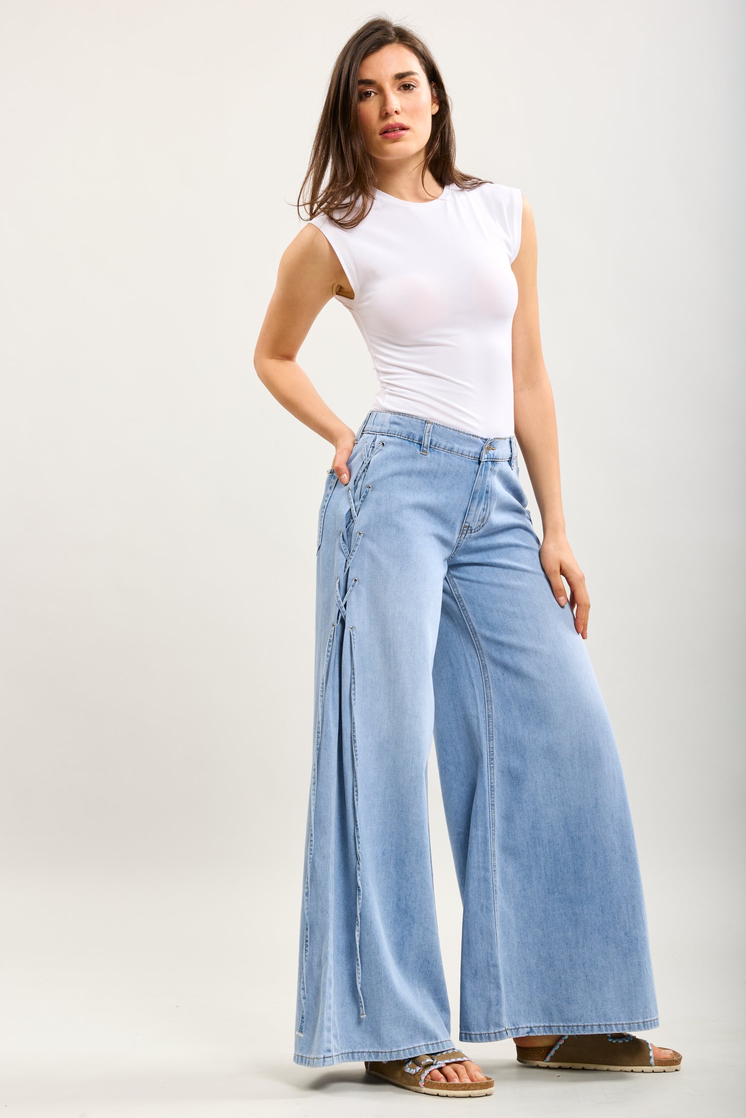 Toxik3 extra-wide stretch denim pants with side lace details