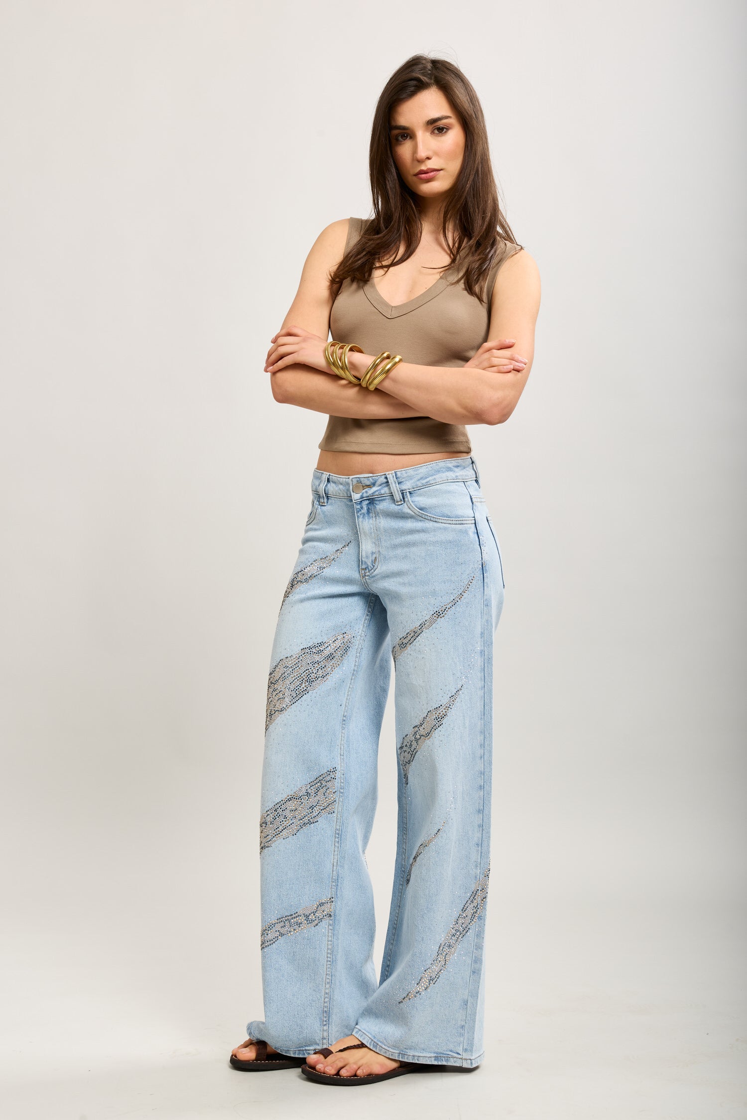 Toxik3 pantalon wide en jean stretch camo strass